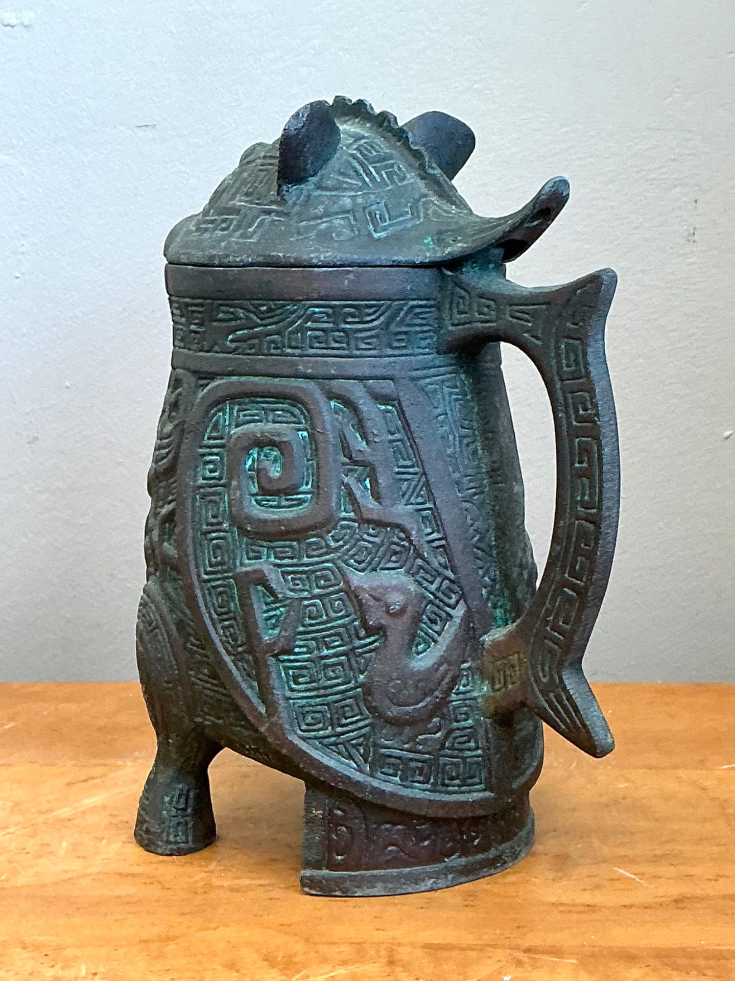 Vintage Patinated Bronze Lidded Vessel After James Mont - Side view
