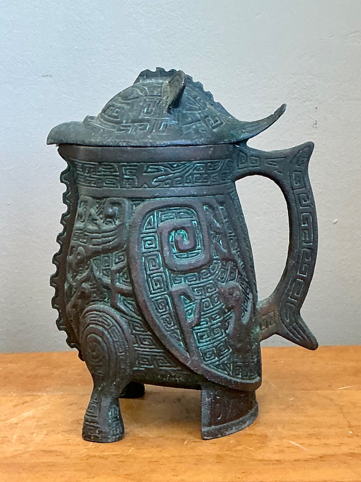 Vintage Patinated Bronze Lidded Vessel After James Mont - Top view