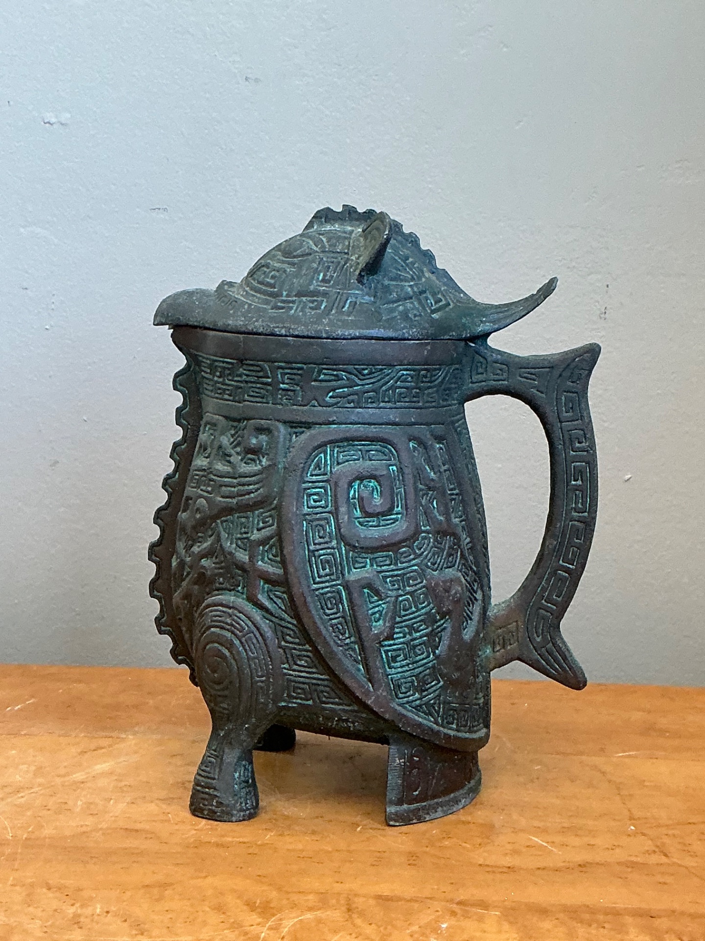 Vintage Patinated Bronze Lidded Vessel After James Mont - Detail view