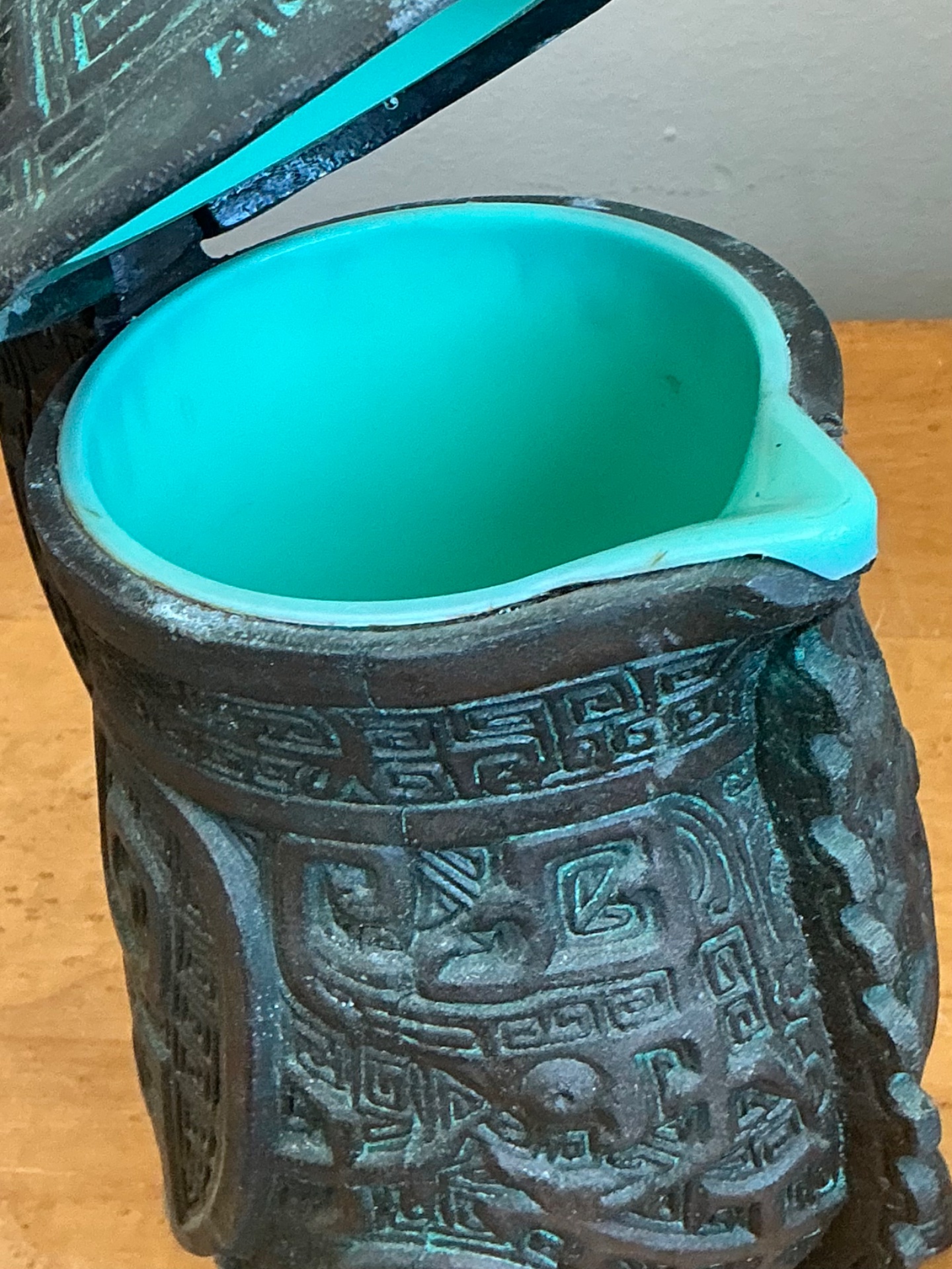Vintage Patinated Bronze Lidded Vessel After James Mont - Back view
