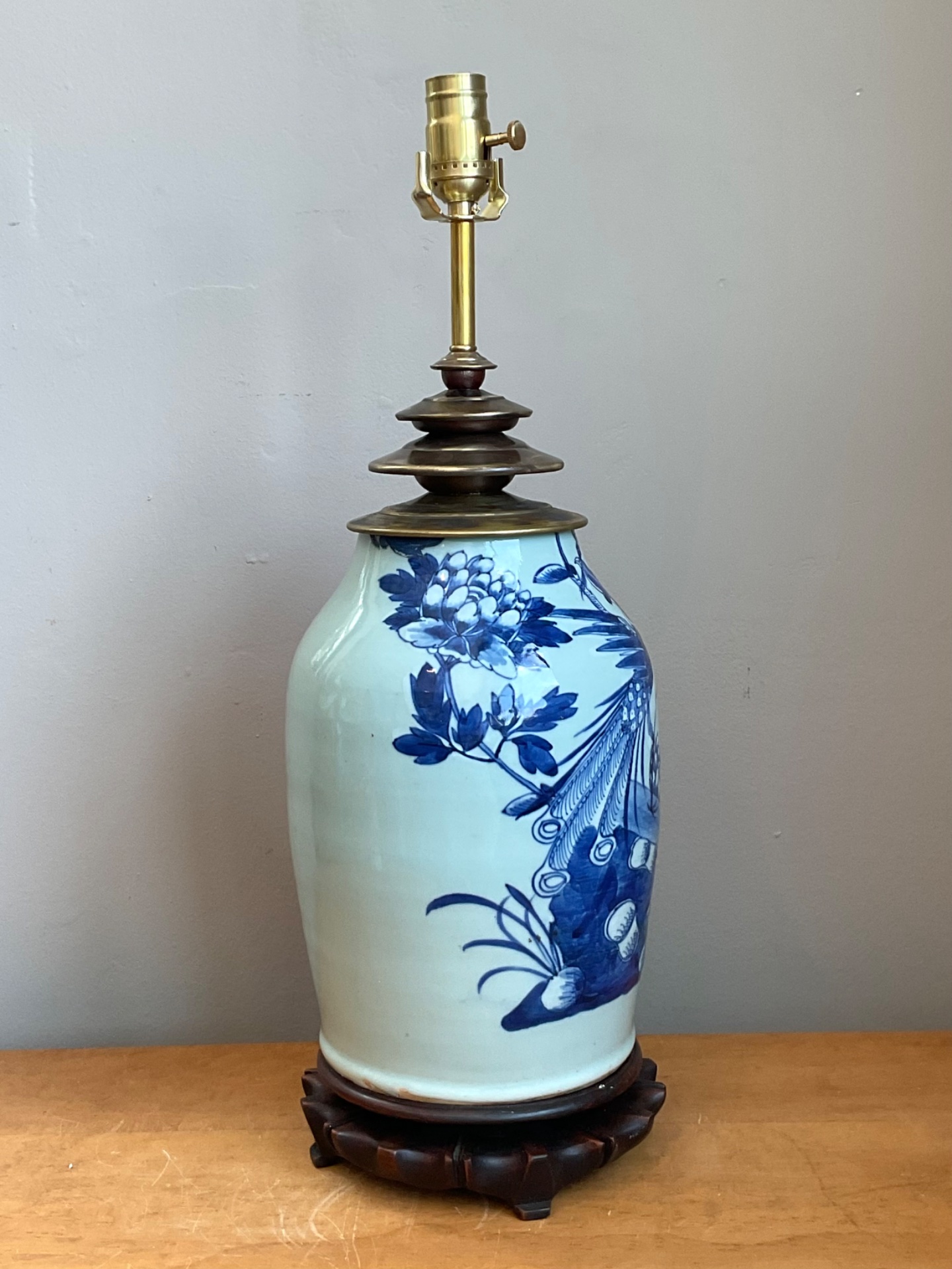 Vintage Blue and White Ceramic Table Lamp - Side view