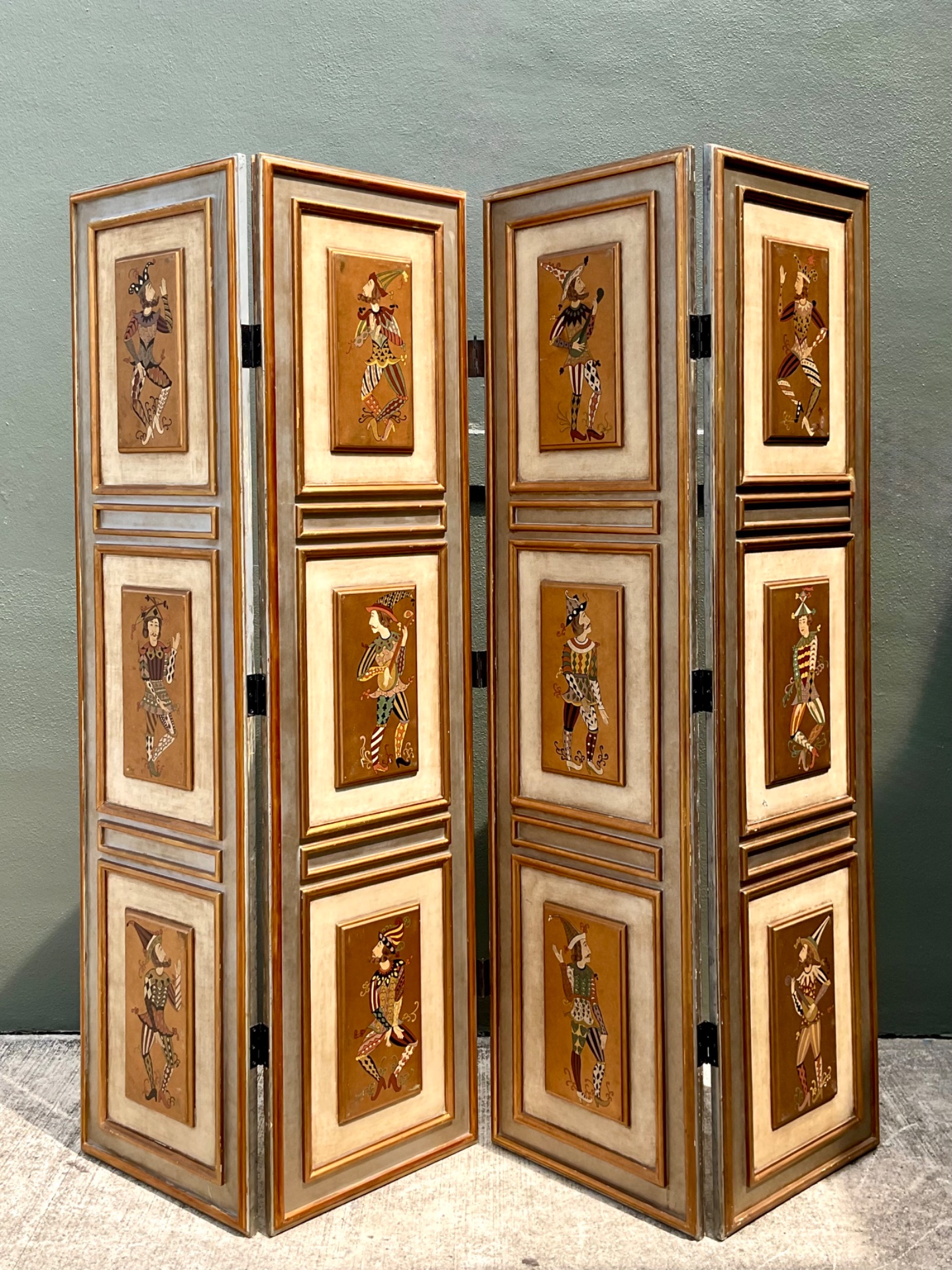 Vintage Painted Harlequin Wood Folding Screen - Detail view