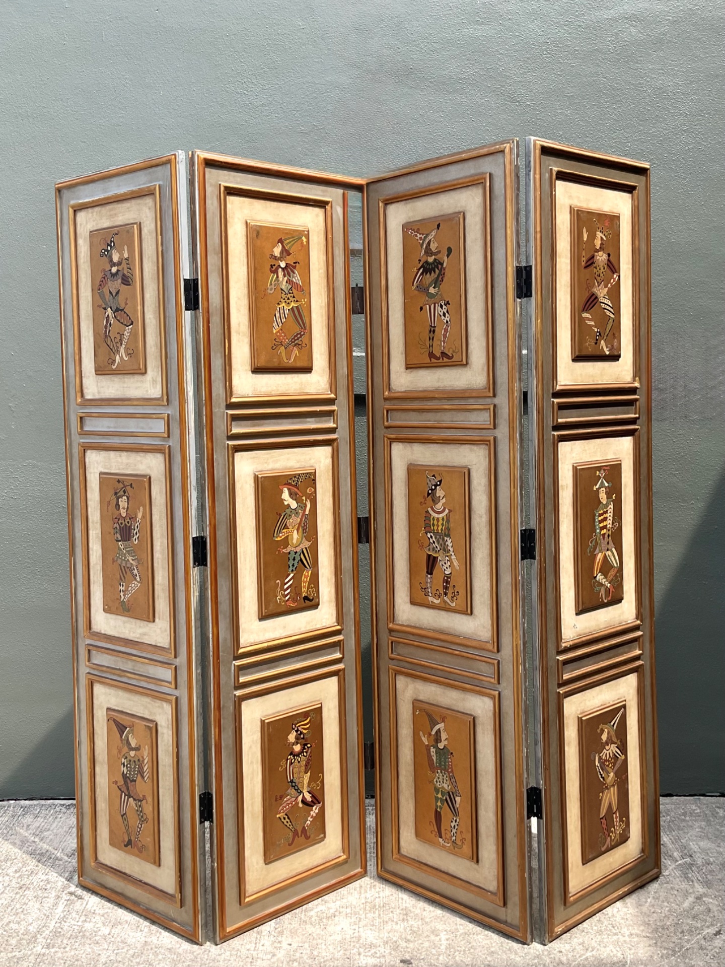 Vintage Painted Harlequin Wood Folding Screen - Back view