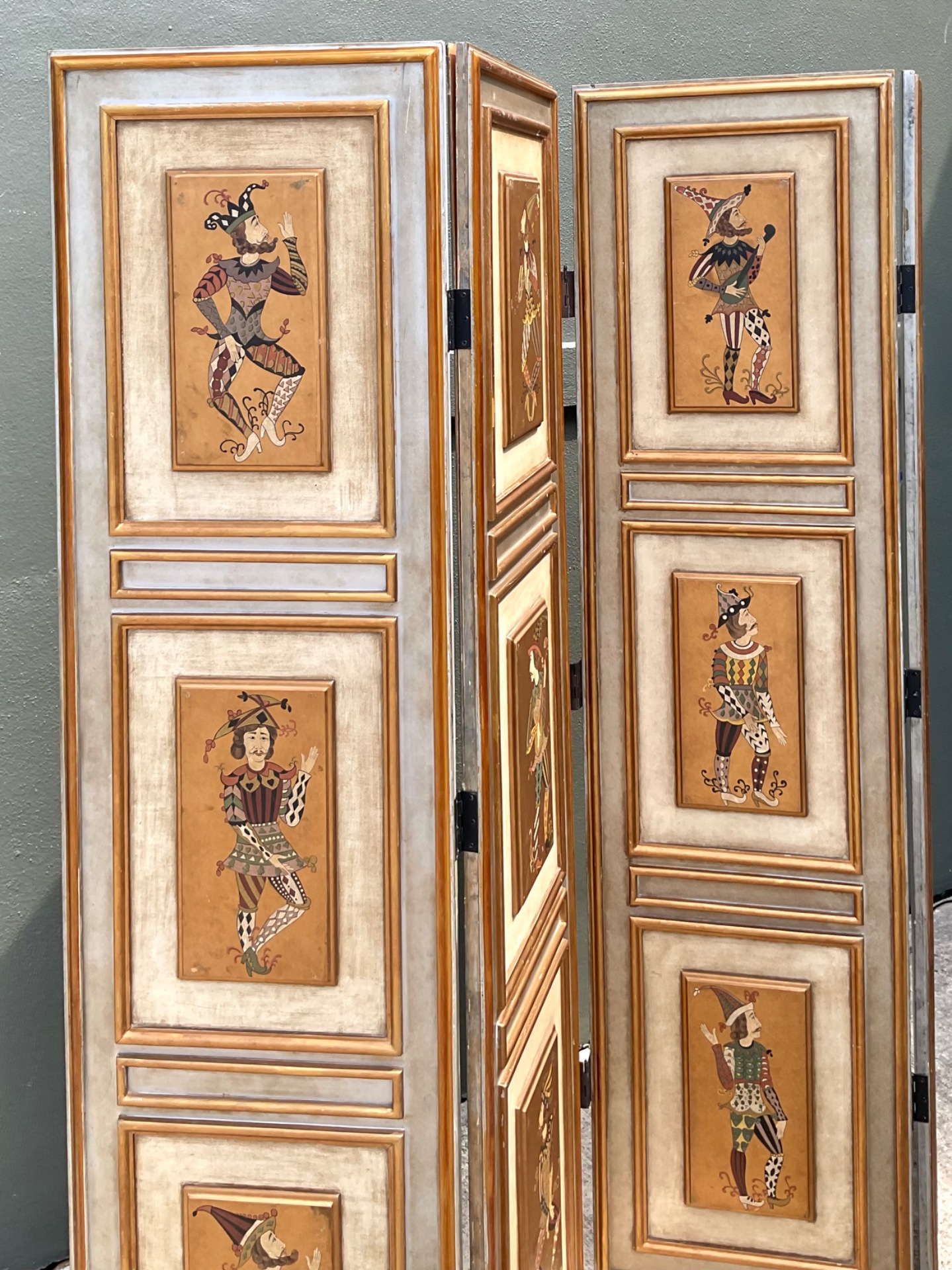 Vintage Painted Harlequin Wood Folding Screen - Detail view