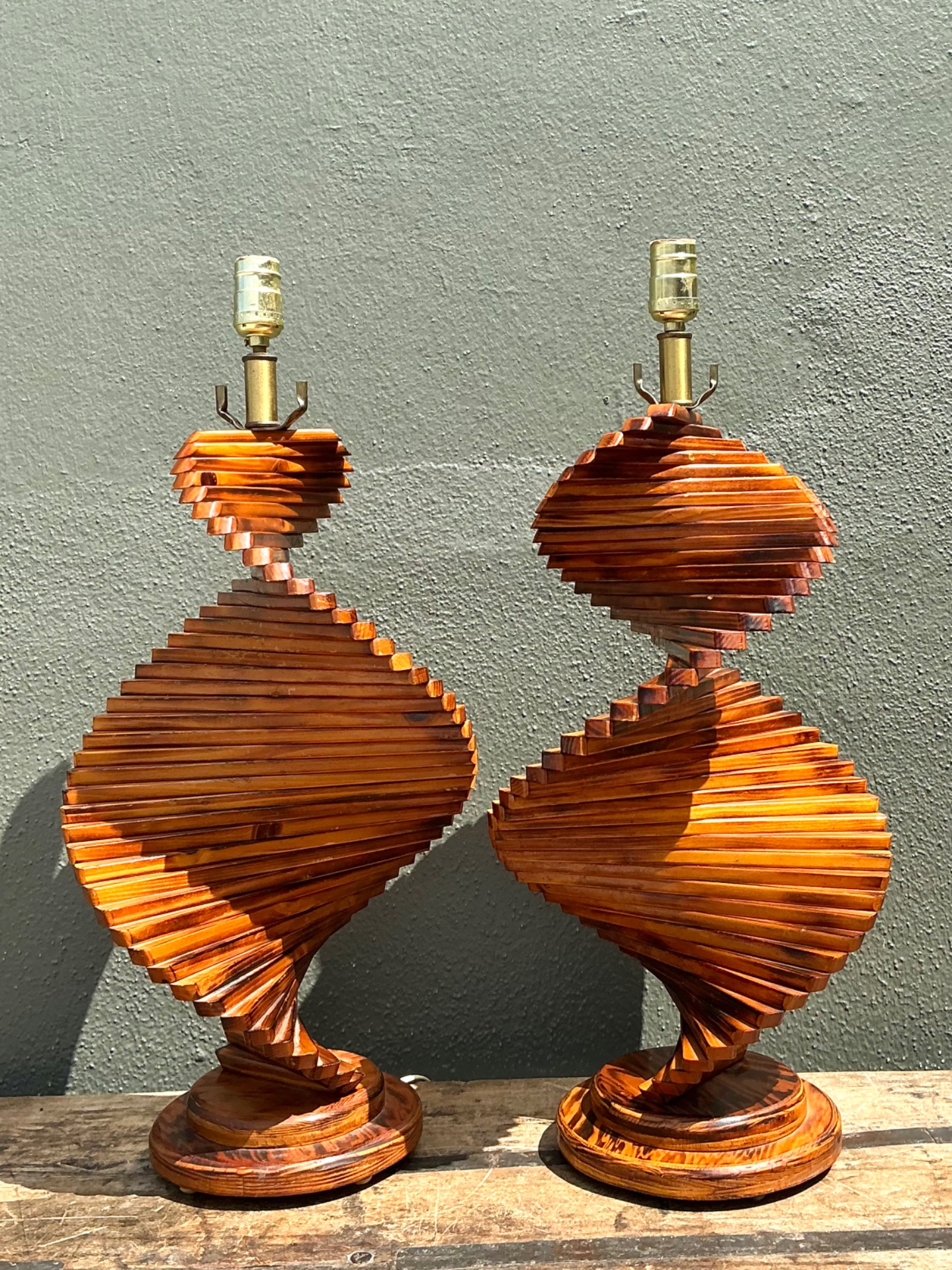 Vintage French Wood Helix Table Lamps - A Pair - Back view