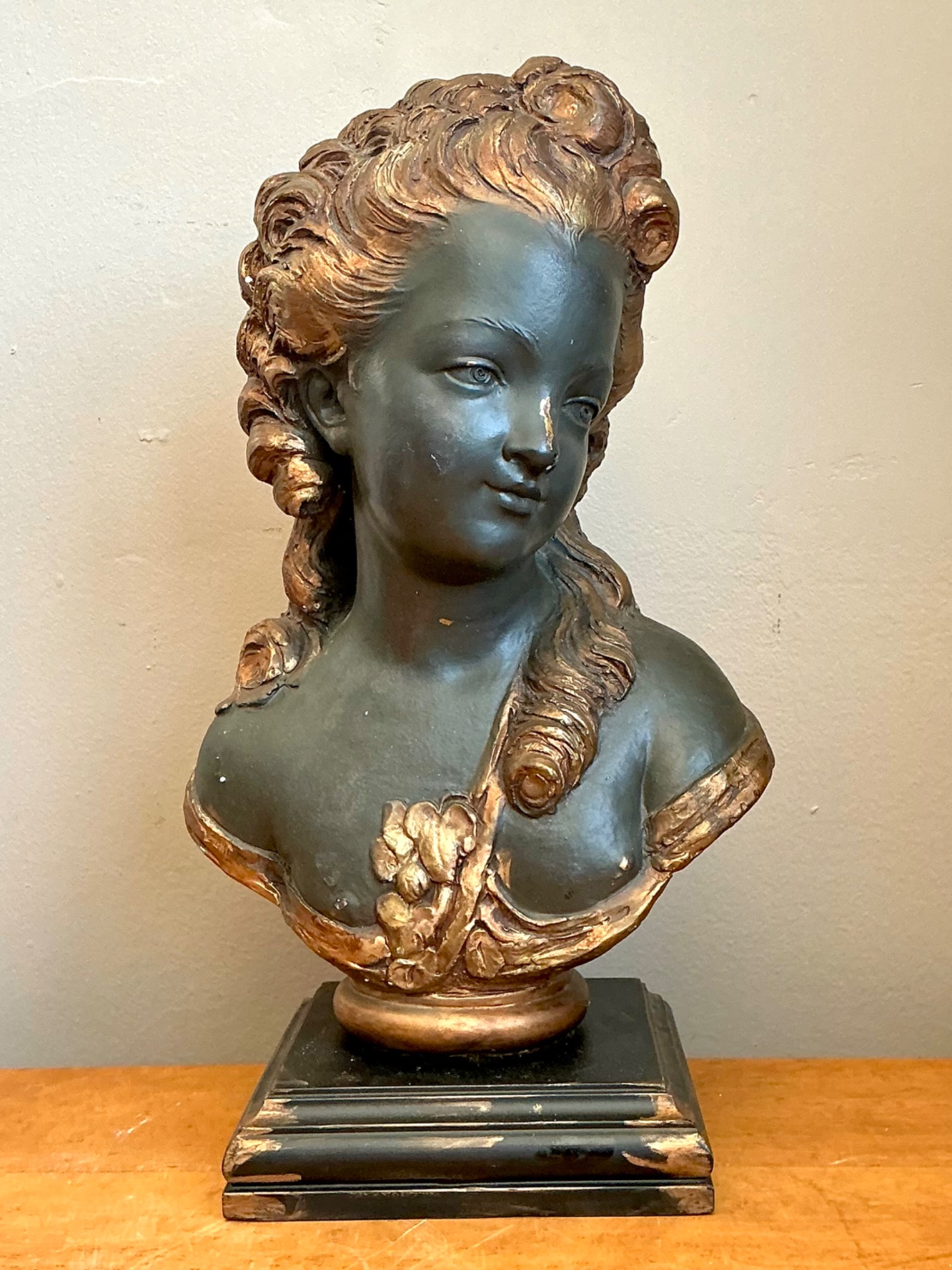 Vintage Gilt Tipped Carved Wood Female Bust - Top view