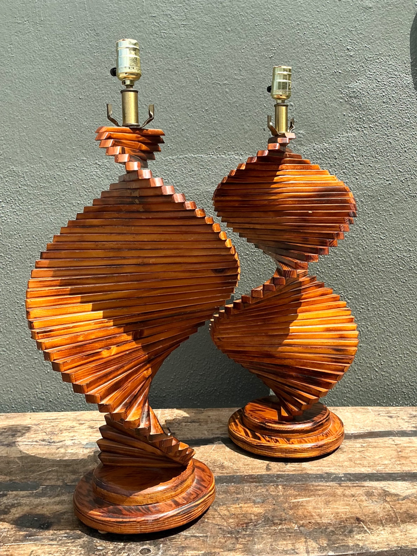 Vintage French Wood Helix Table Lamps - A Pair - Side view
