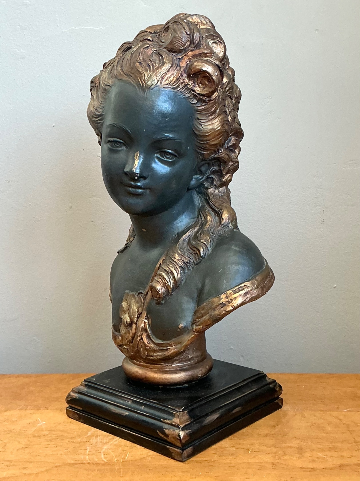Vintage Gilt Tipped Carved Wood Female Bust - Top view