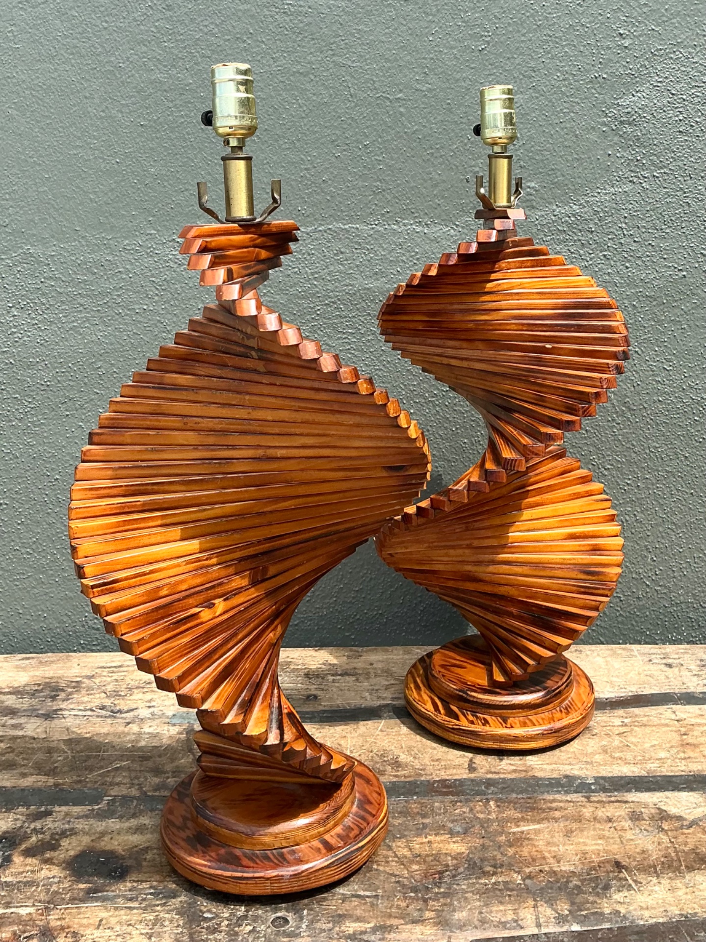 Vintage French Wood Helix Table Lamps - A Pair - Top view