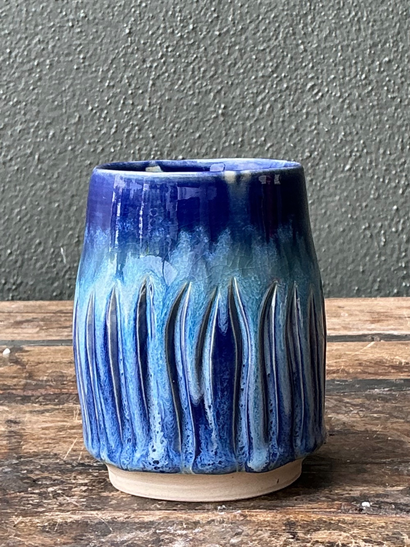 Vintage Studio Pottery Blue Ceramic Vase - Back view