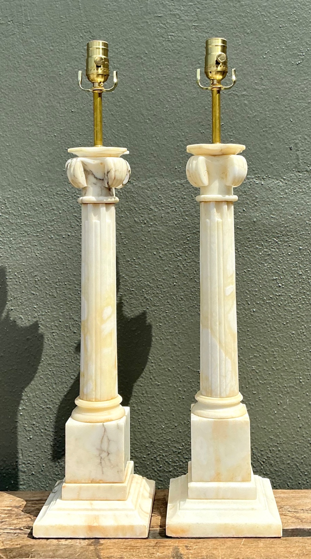 Vintage Alabaster Column Table Lamps - A Pair - Stone, 6W x 26.5H - Side view