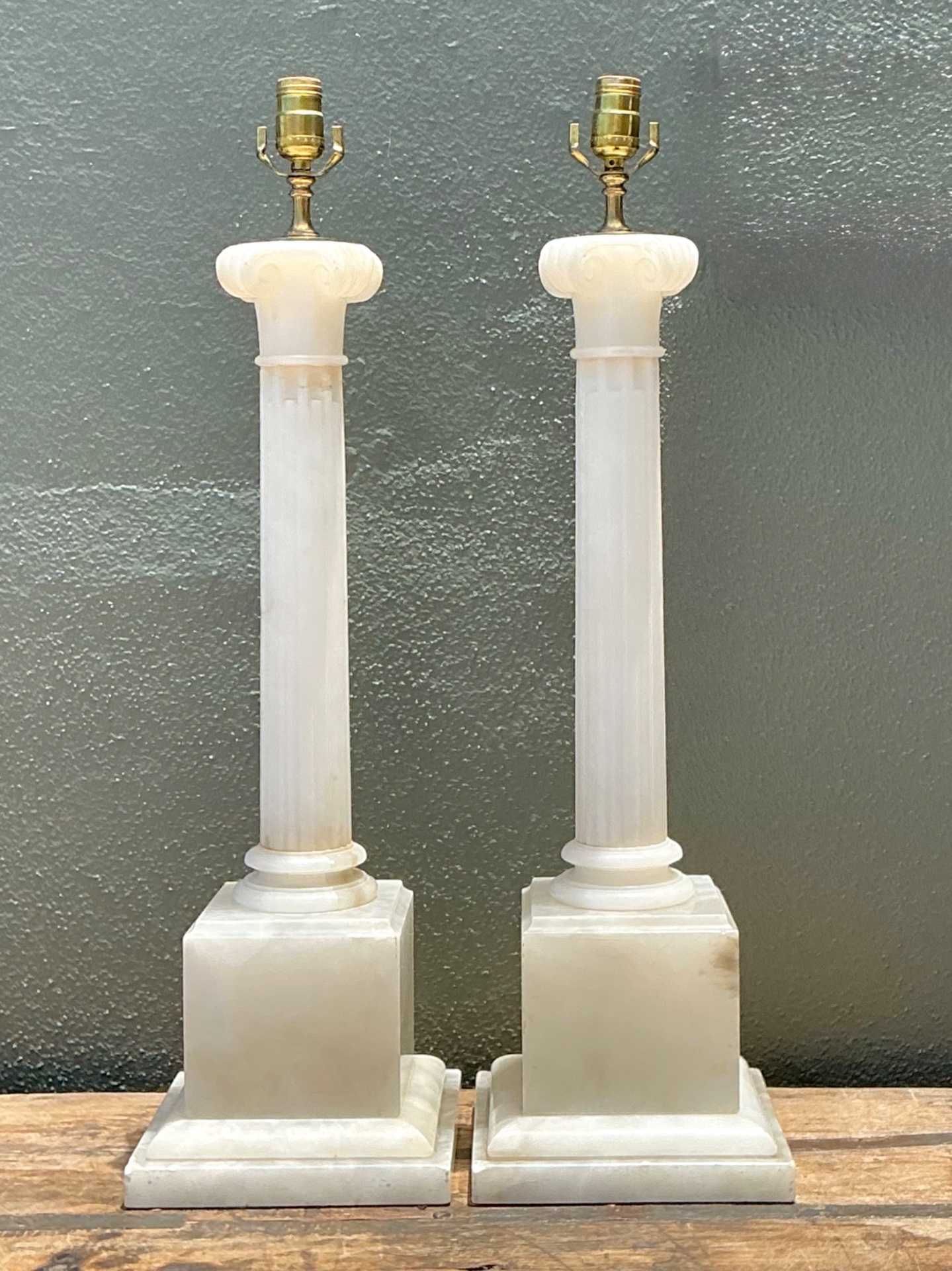 Vintage Alabaster Column Table Lamps - A Pair - Brass, 8.5W x 30H - Side view