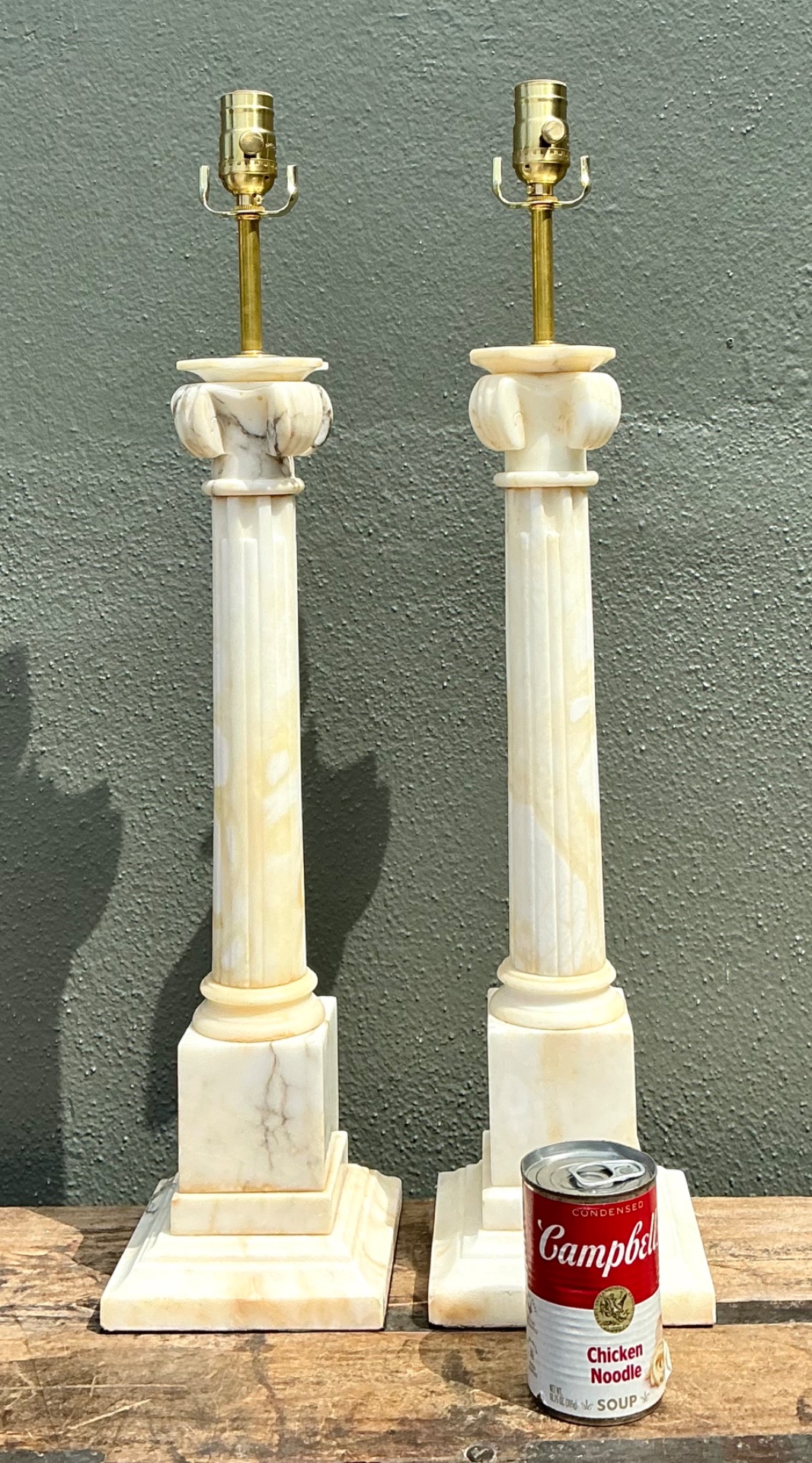 Vintage Alabaster Column Table Lamps - A Pair - Stone, 6W x 26.5H - Back view