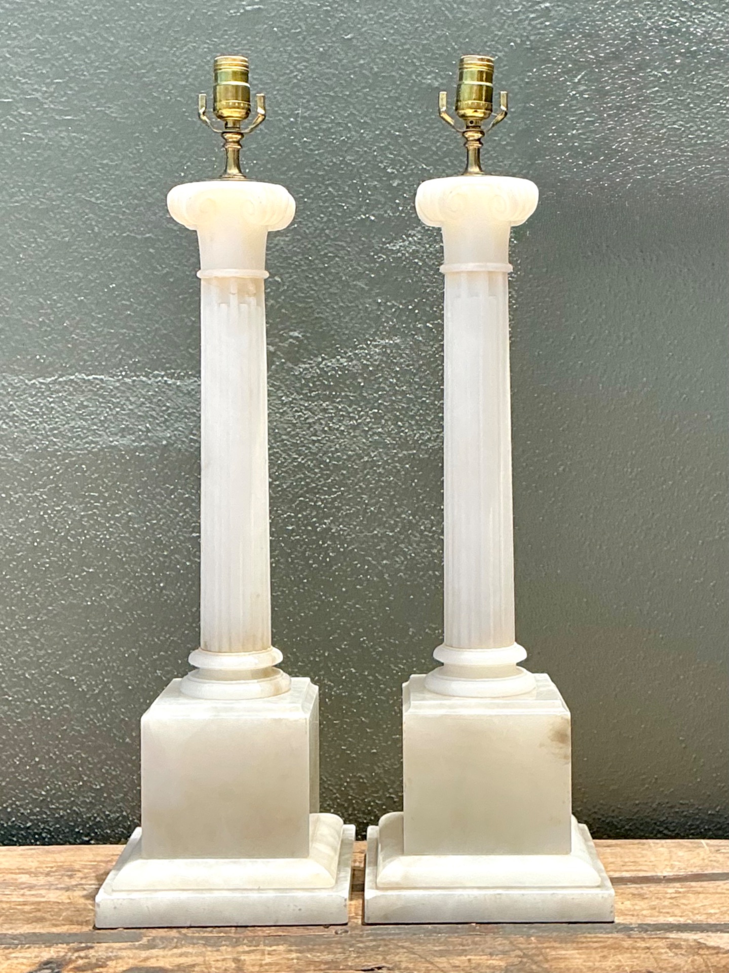 Vintage Alabaster Column Table Lamps - A Pair - Brass, 8.5W x 30H - Top view