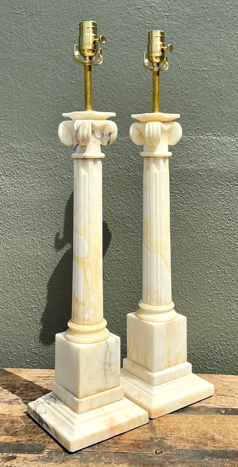 Vintage Alabaster Column Table Lamps - A Pair - Stone, 6W x 26.5H - Top view