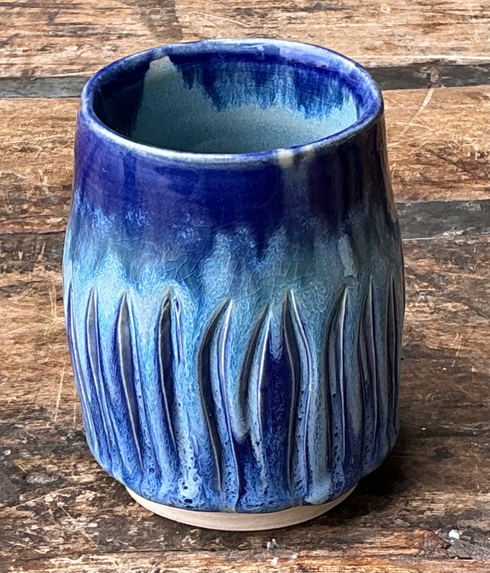 Vintage Studio Pottery Blue Ceramic Vase - Side view