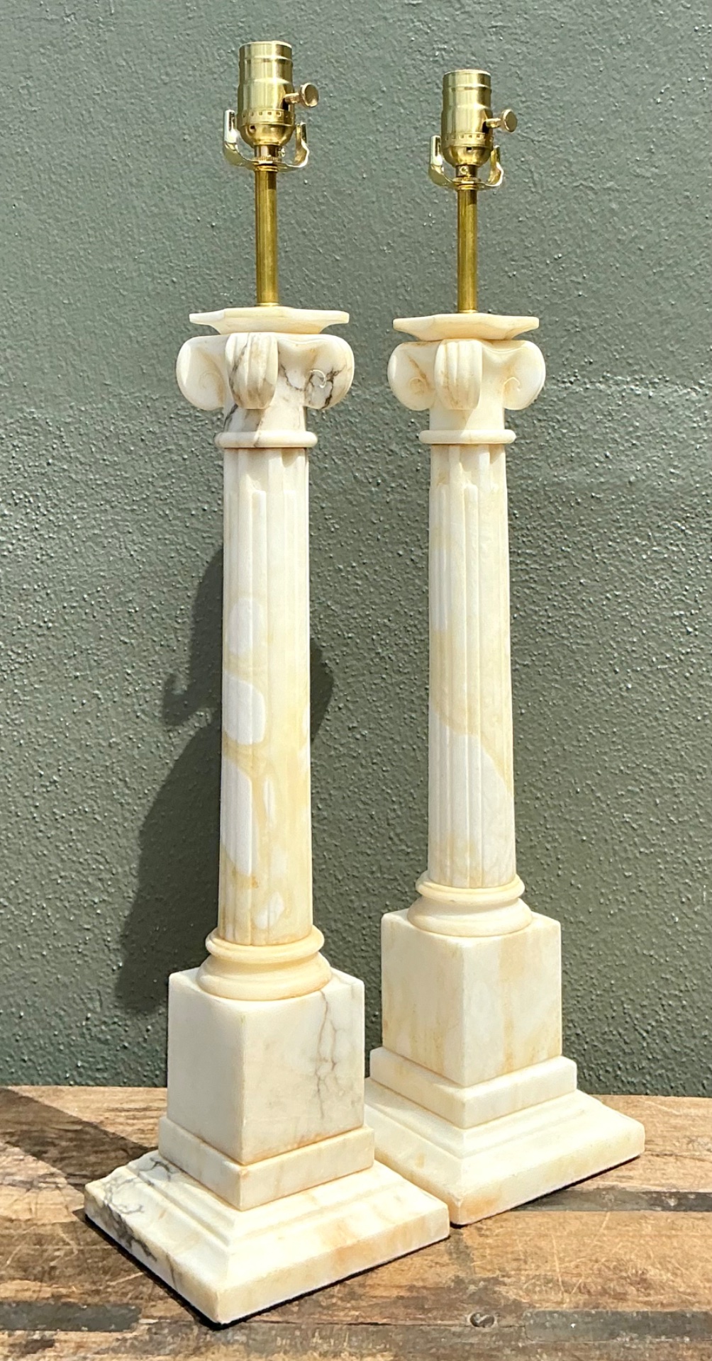 Vintage Alabaster Column Table Lamps - A Pair - Stone, 6W x 26.5H - Detail view