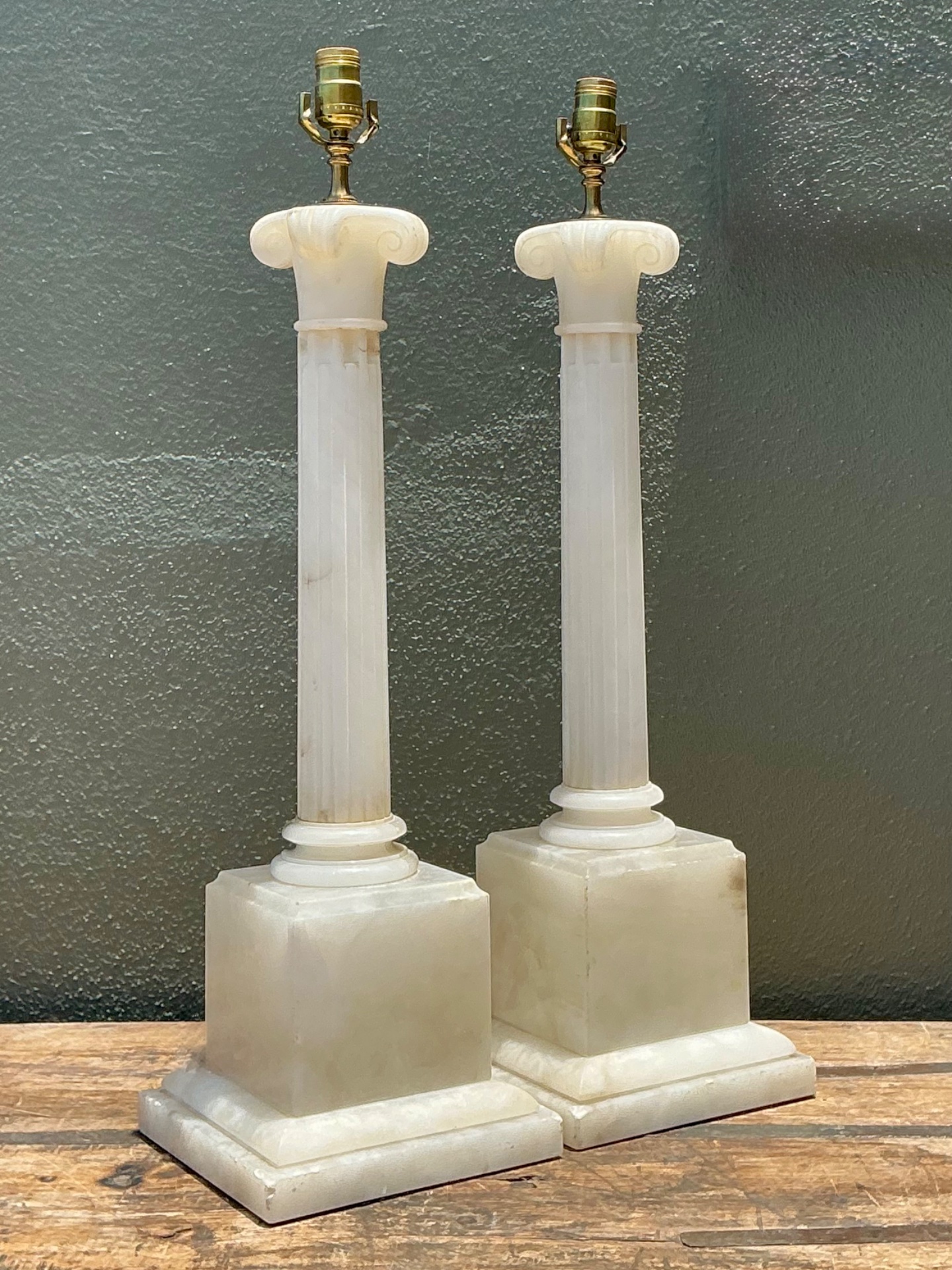 Vintage Alabaster Column Table Lamps - A Pair - Brass, 8.5W x 30H - Detail view