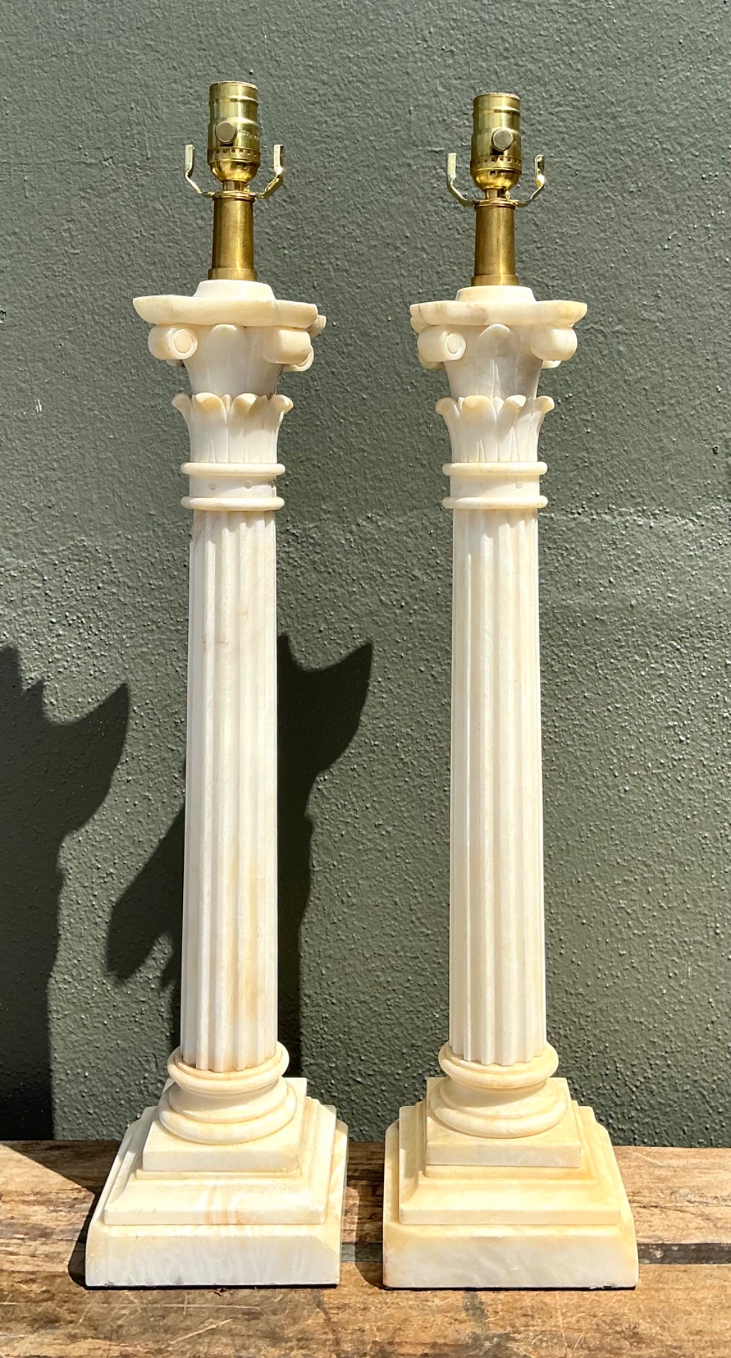 Vintage Alabaster Column Table Lamps - A Pair - Side view