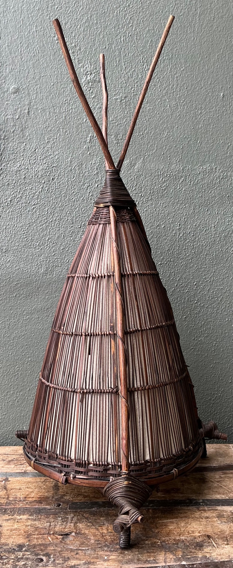 Vintage Japanese Woven Reed Lamp - Side view