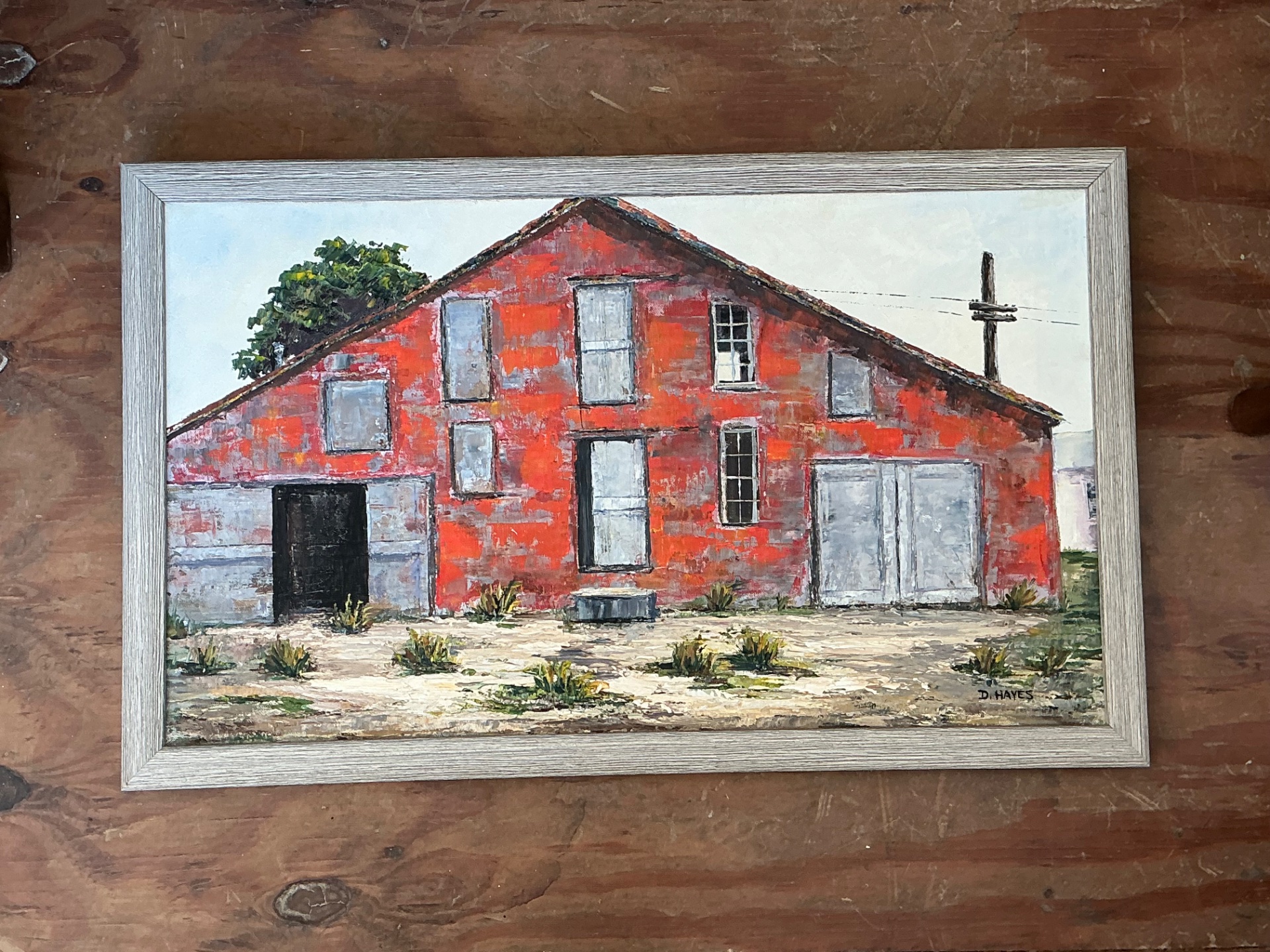 Framed D. Hayes Barn Landscape Painting - Back view