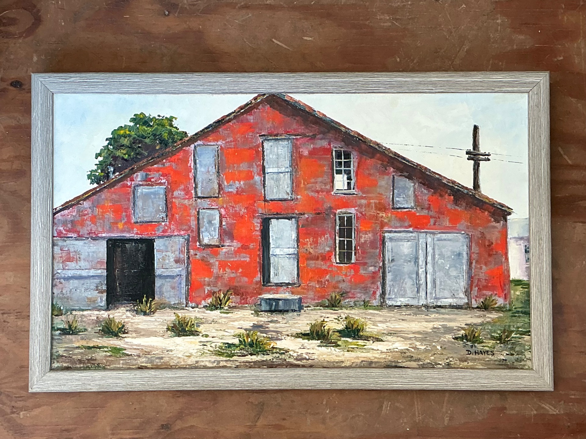 Framed D. Hayes Barn Landscape Painting - Detail view