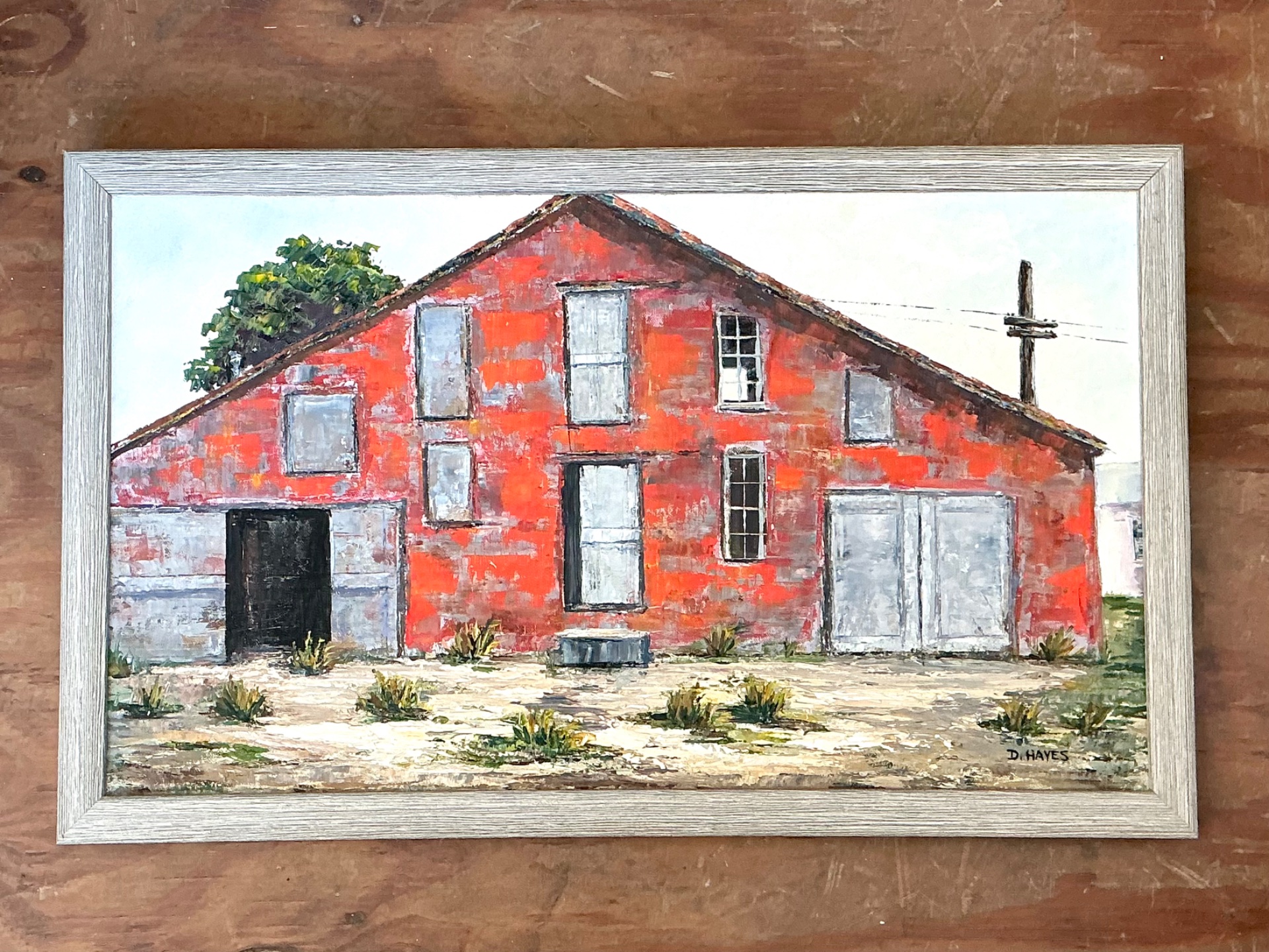 Framed D. Hayes Barn Landscape Painting - Top view
