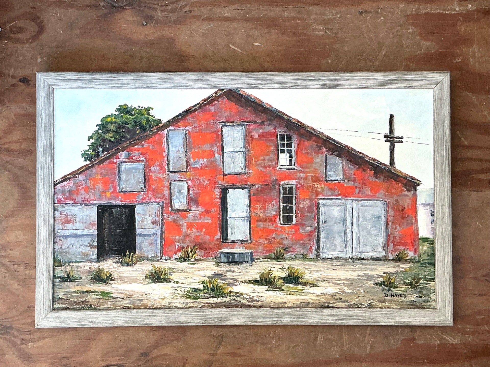 Framed D. Hayes Barn Landscape Painting - Top view