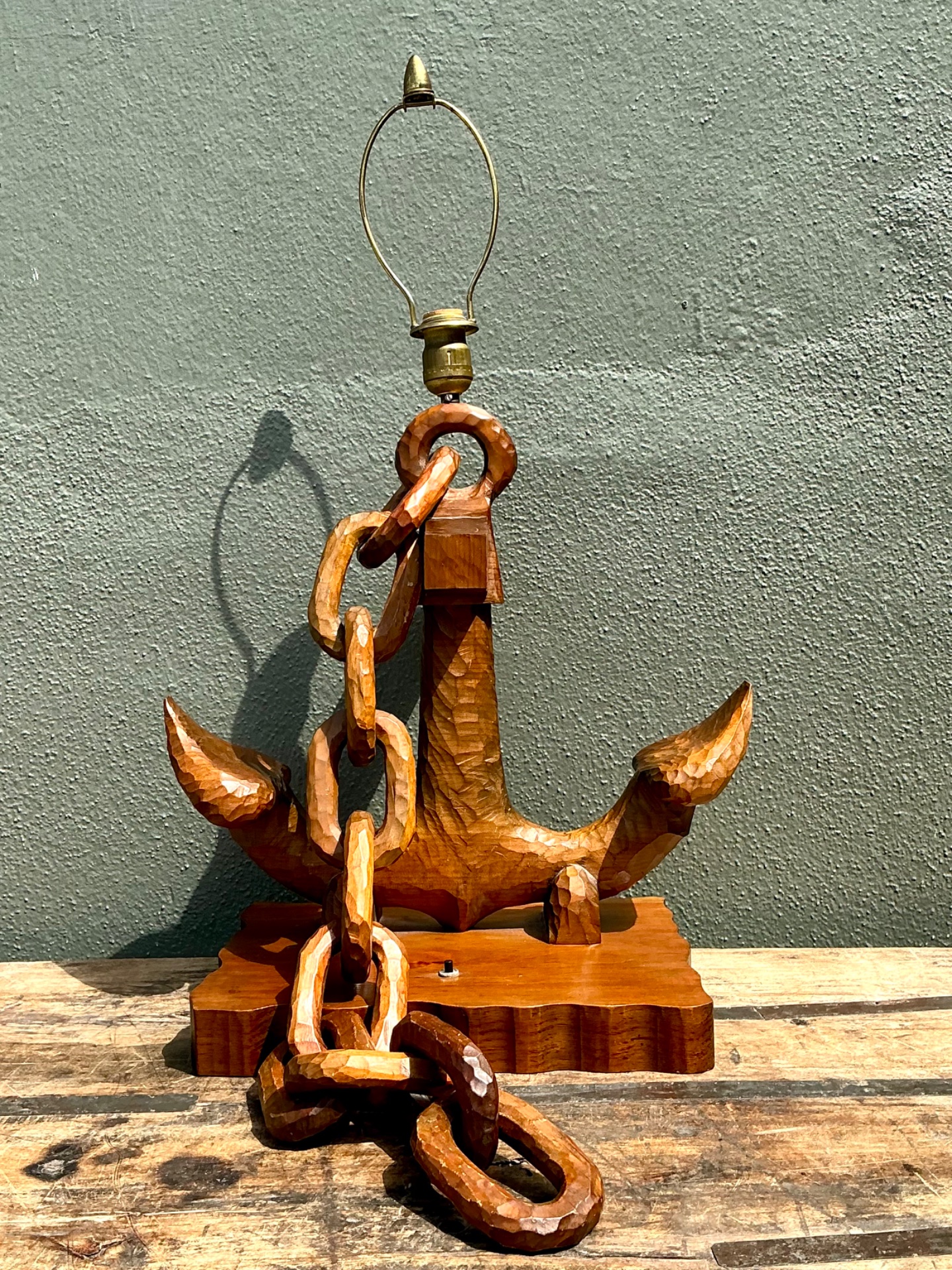 Vintage Hand Carved Anchor With Chain Lamp - Side view