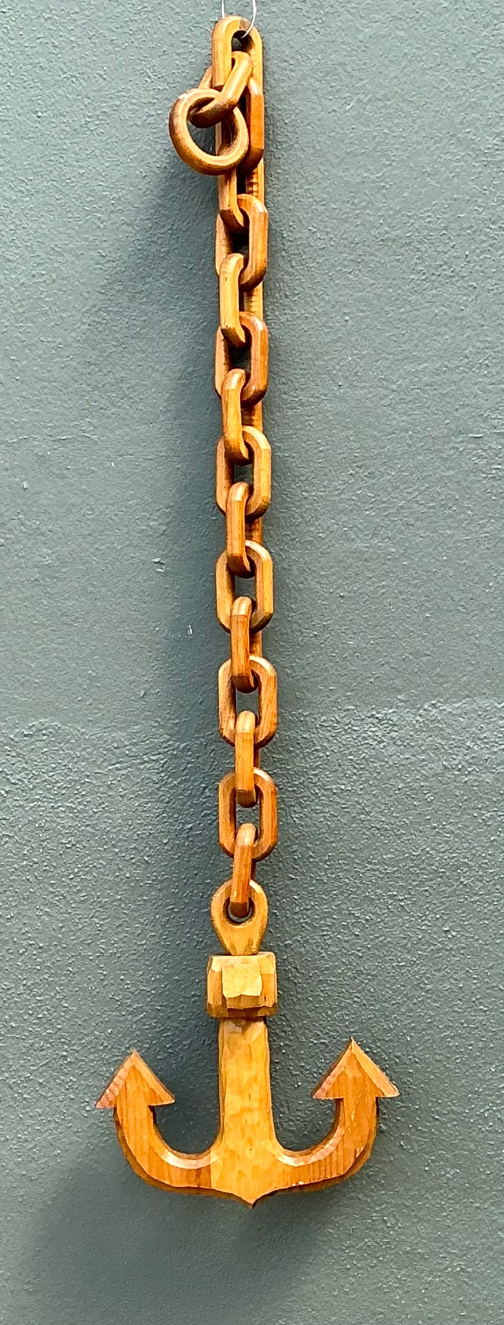 Vintage Hand Carved Wood Anchor with Chain - Detail view