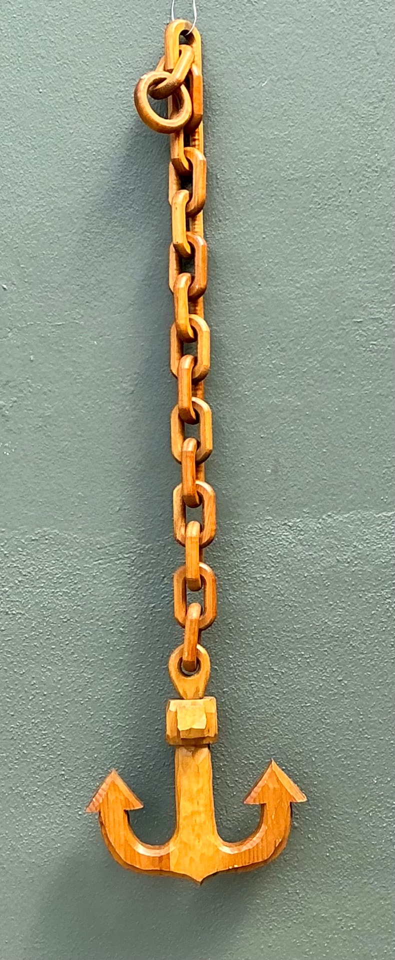 Vintage Hand Carved Wood Anchor with Chain - Back view