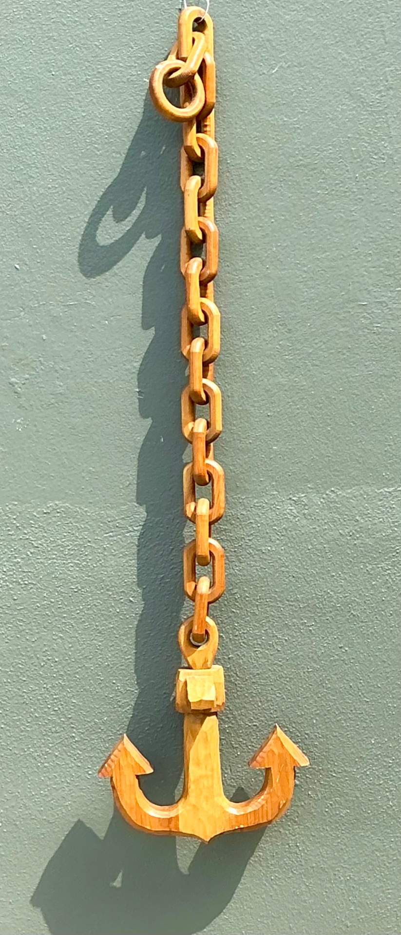 Vintage Hand Carved Wood Anchor with Chain - Top view