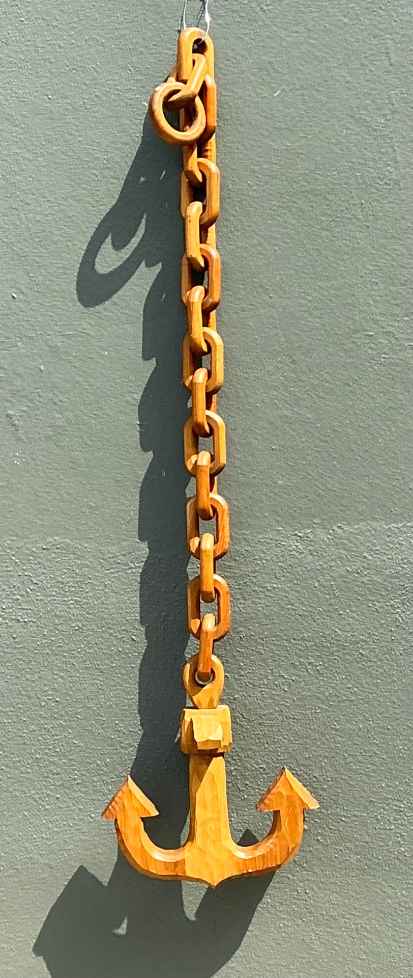 Vintage Hand Carved Wood Anchor with Chain - Side view