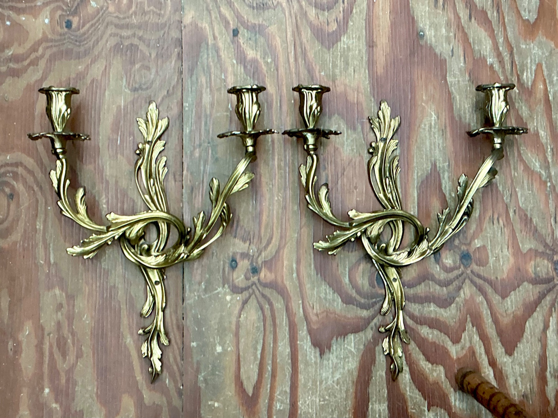 Vintage French Rococo Style Metal Wall Candle Sconces - Pair - Detail view