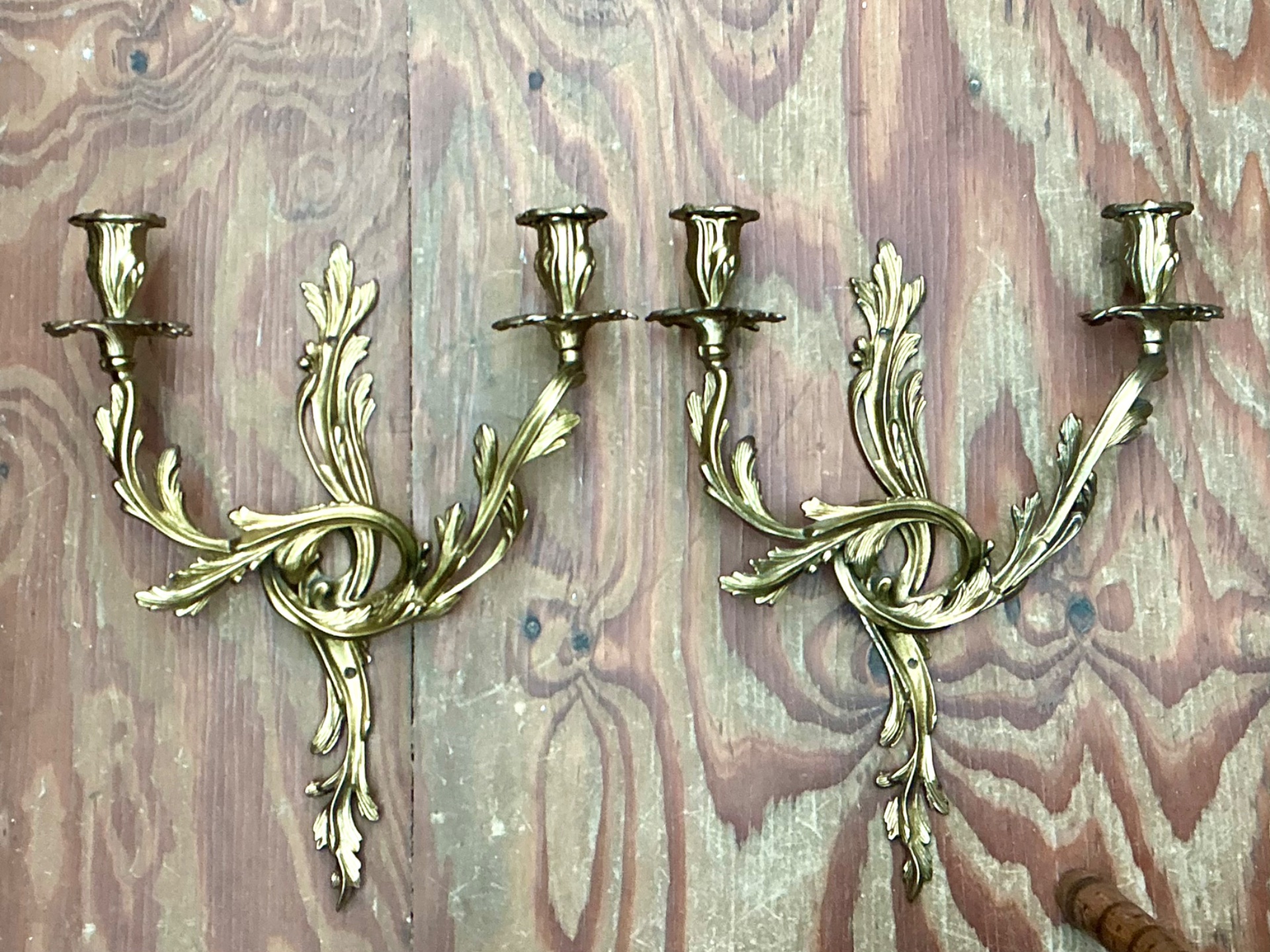 Vintage French Rococo Style Metal Wall Candle Sconces - Pair - Back view