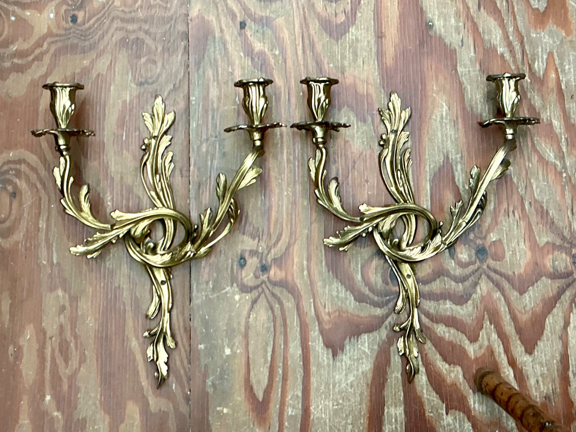 Vintage French Rococo Style Metal Wall Candle Sconces - Pair - Back view