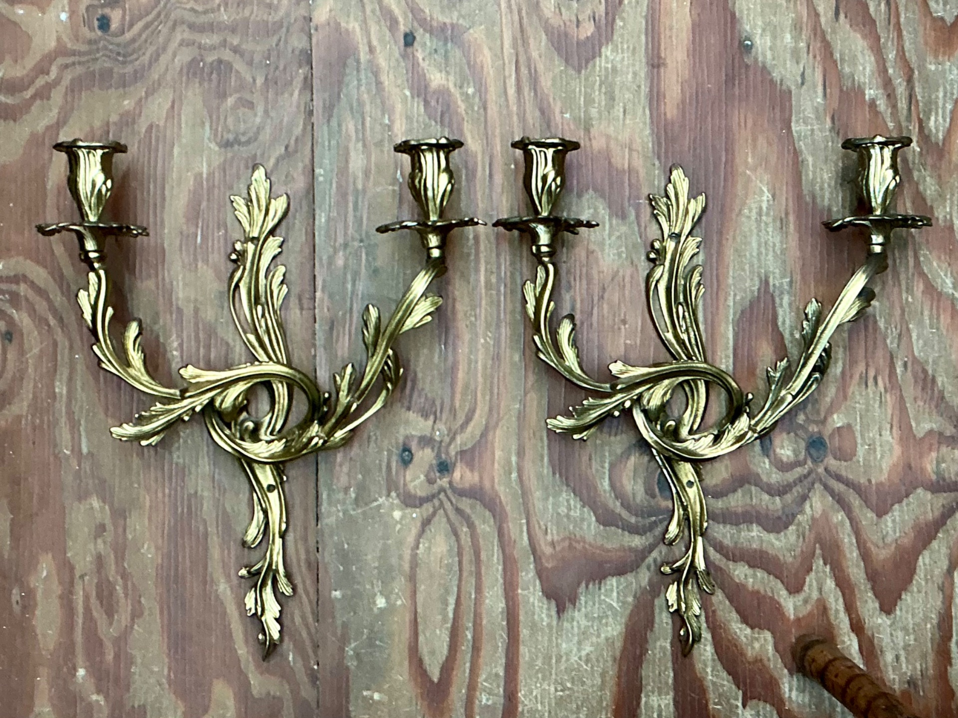 Vintage French Rococo Style Metal Wall Candle Sconces - Pair - Side view