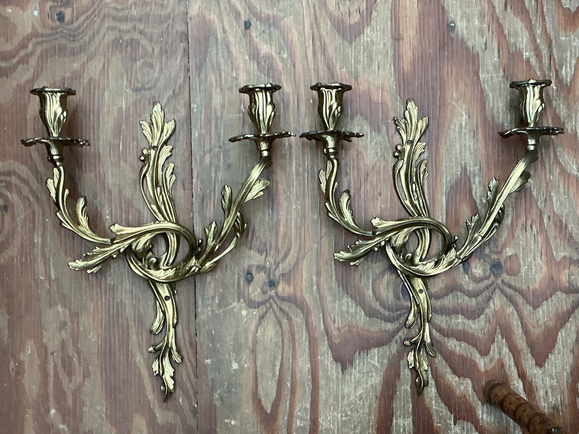 Vintage French Rococo Style Metal Wall Candle Sconces - Pair - Top view