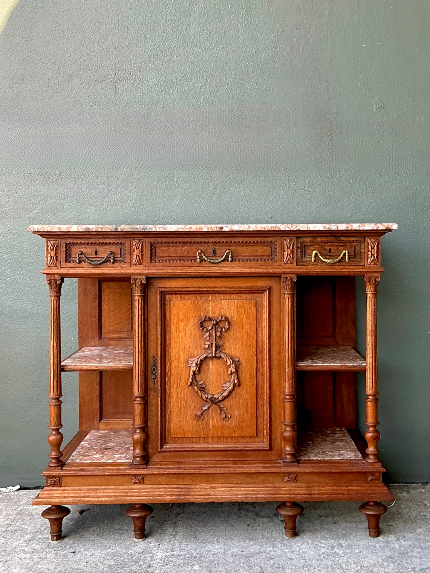 Vintage Marble Top Carved Wood Sideboard - Detail view