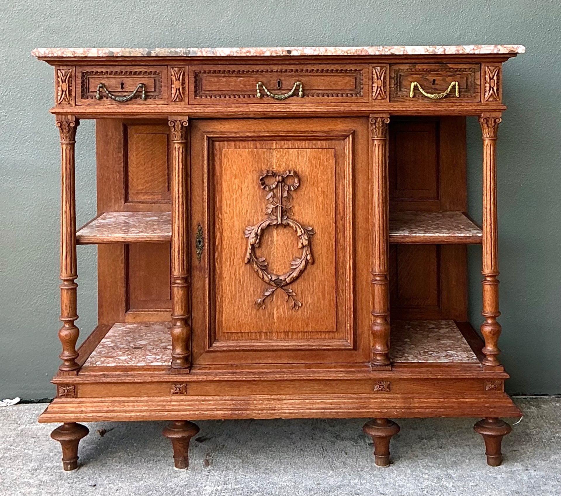 Vintage Marble Top Carved Wood Sideboard - Back view