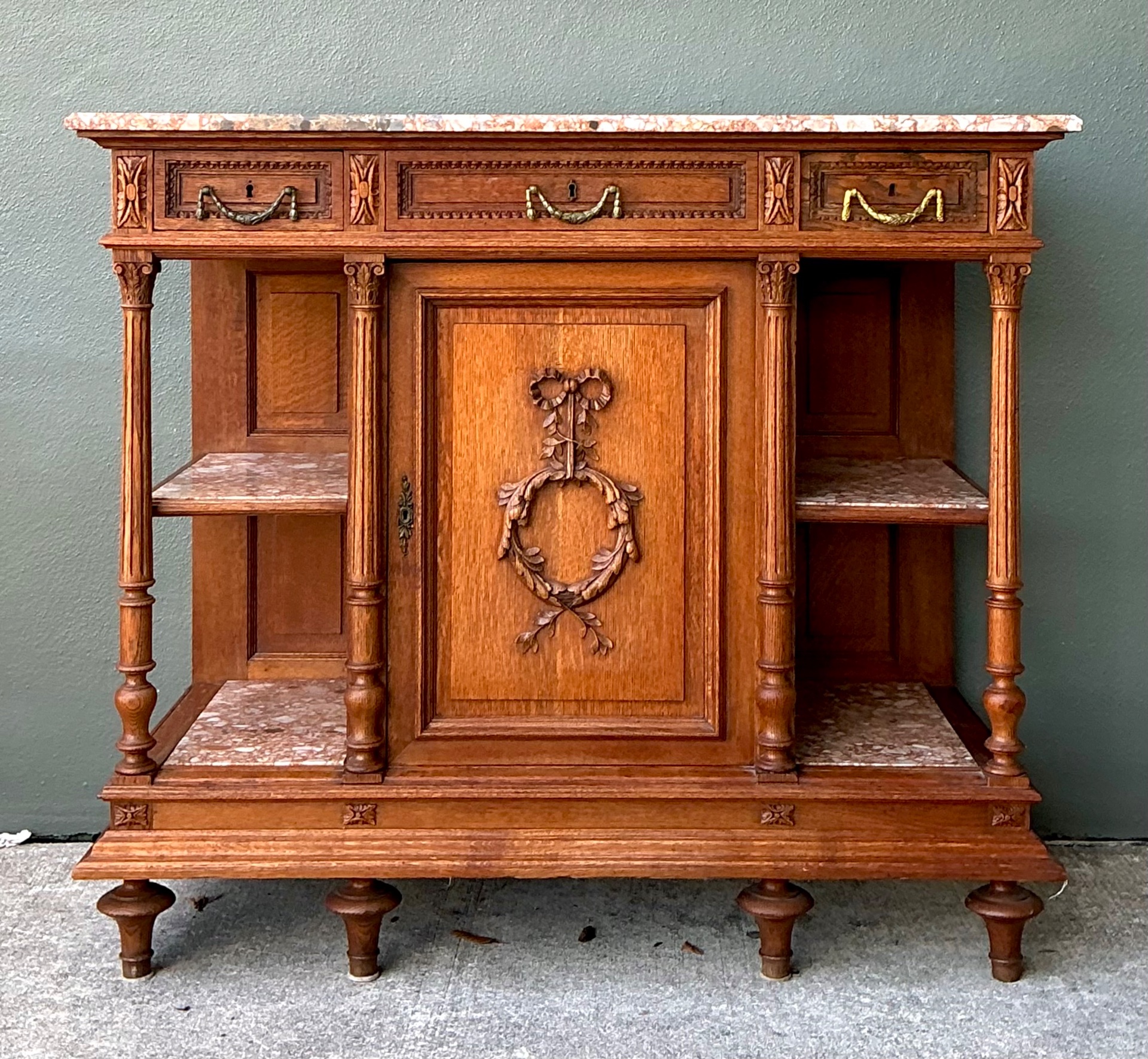 Vintage Marble Top Carved Wood Sideboard - Top view