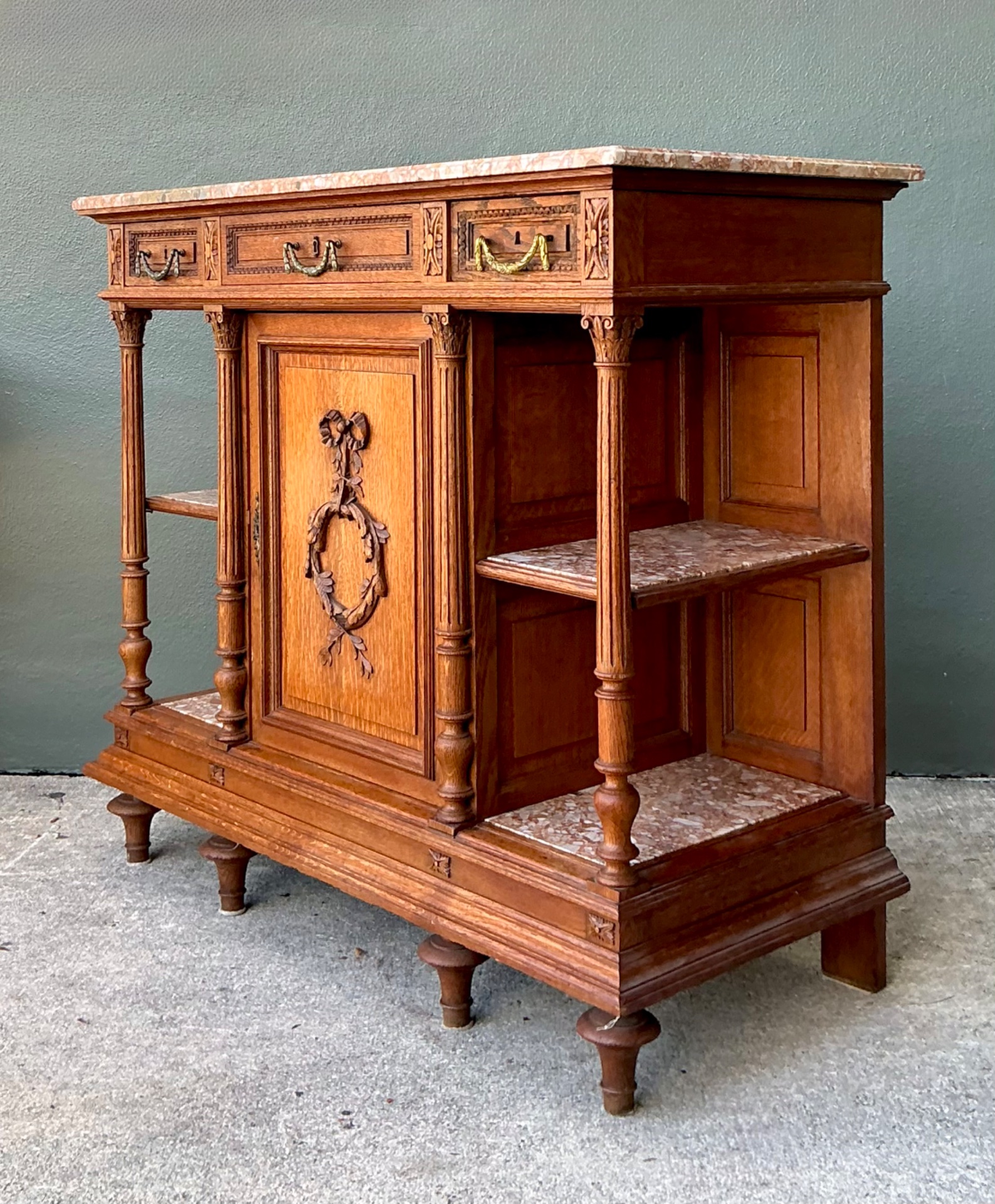Vintage Marble Top Carved Wood Sideboard - Back view