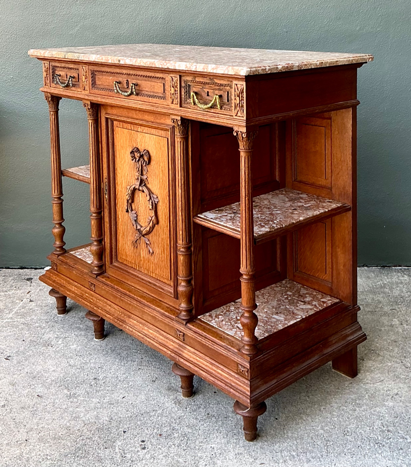 Vintage Marble Top Carved Wood Sideboard - Side view