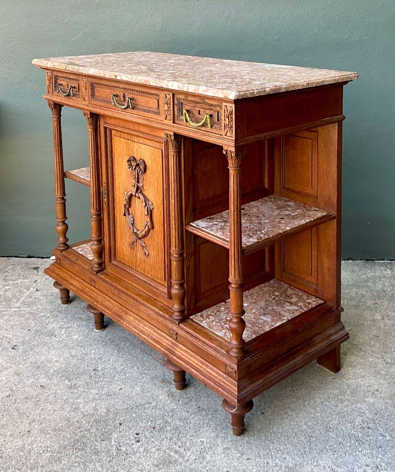 Vintage Marble Top Carved Wood Sideboard - Top view