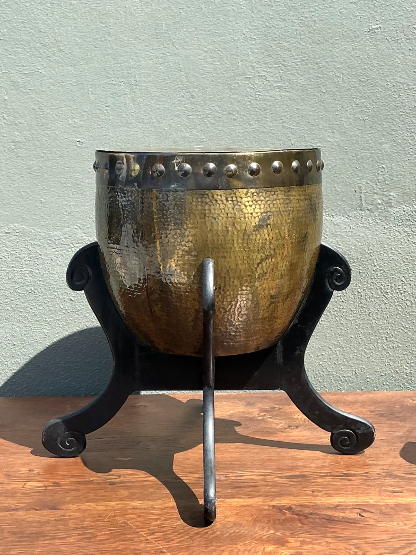Vintage Hammered Brass Drum Table - Side view