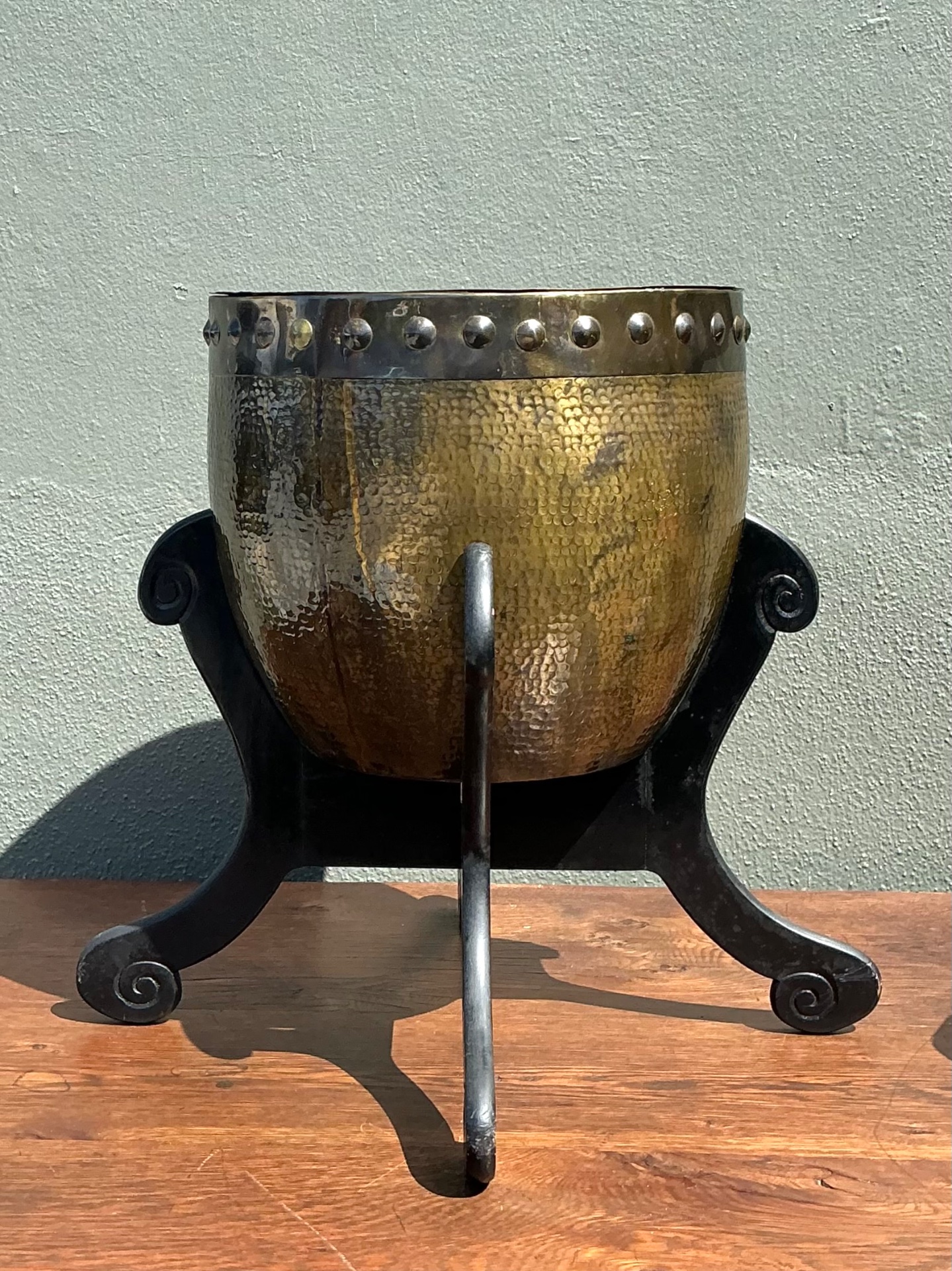 Vintage Hammered Brass Drum Table - Back view