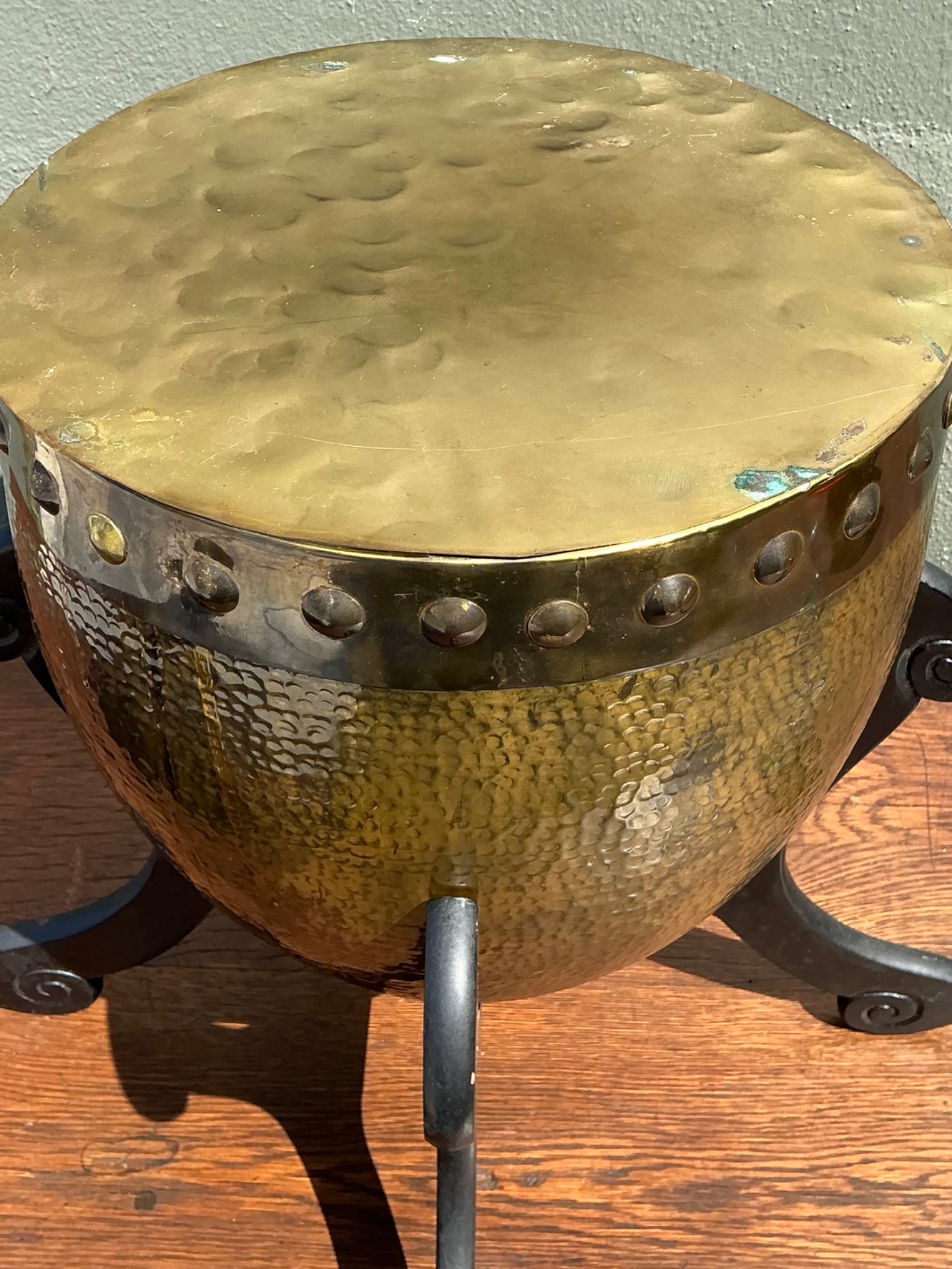 Vintage Hammered Brass Drum Table - Back view