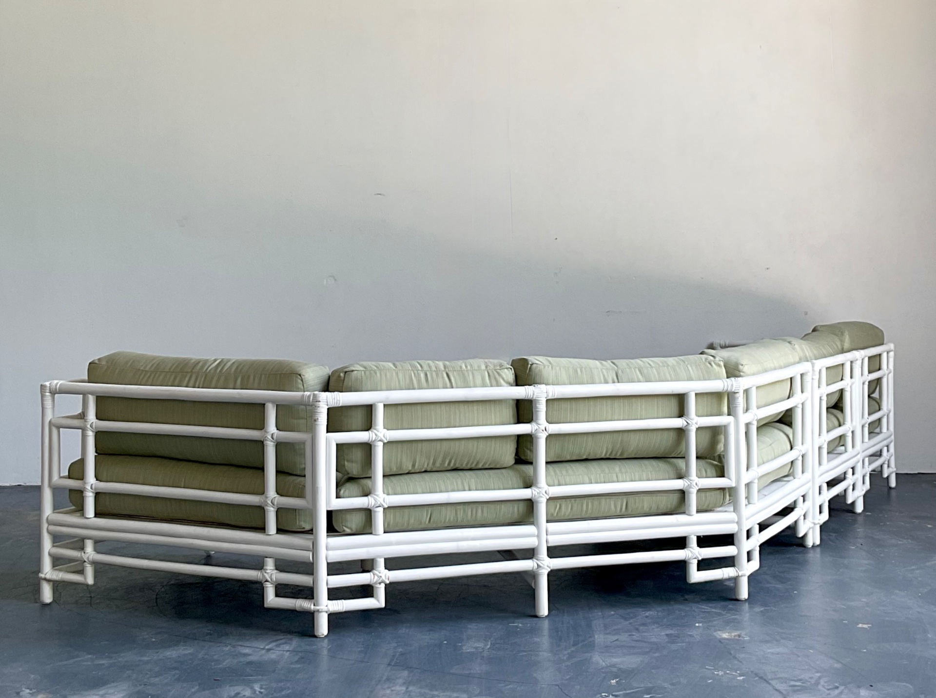 Vintage Rattan and Fabric Sectional Sofa After Ficks Reed - Back view