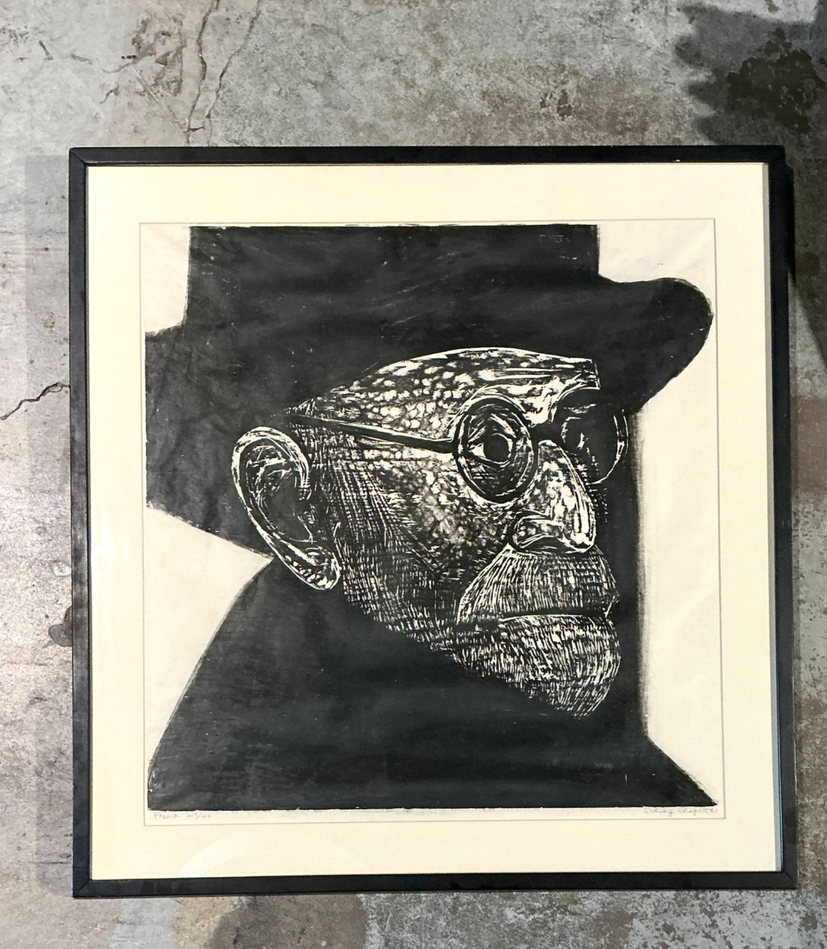 Vintage Black and White Framed Woodcut Of Sigmund Freud - Top view