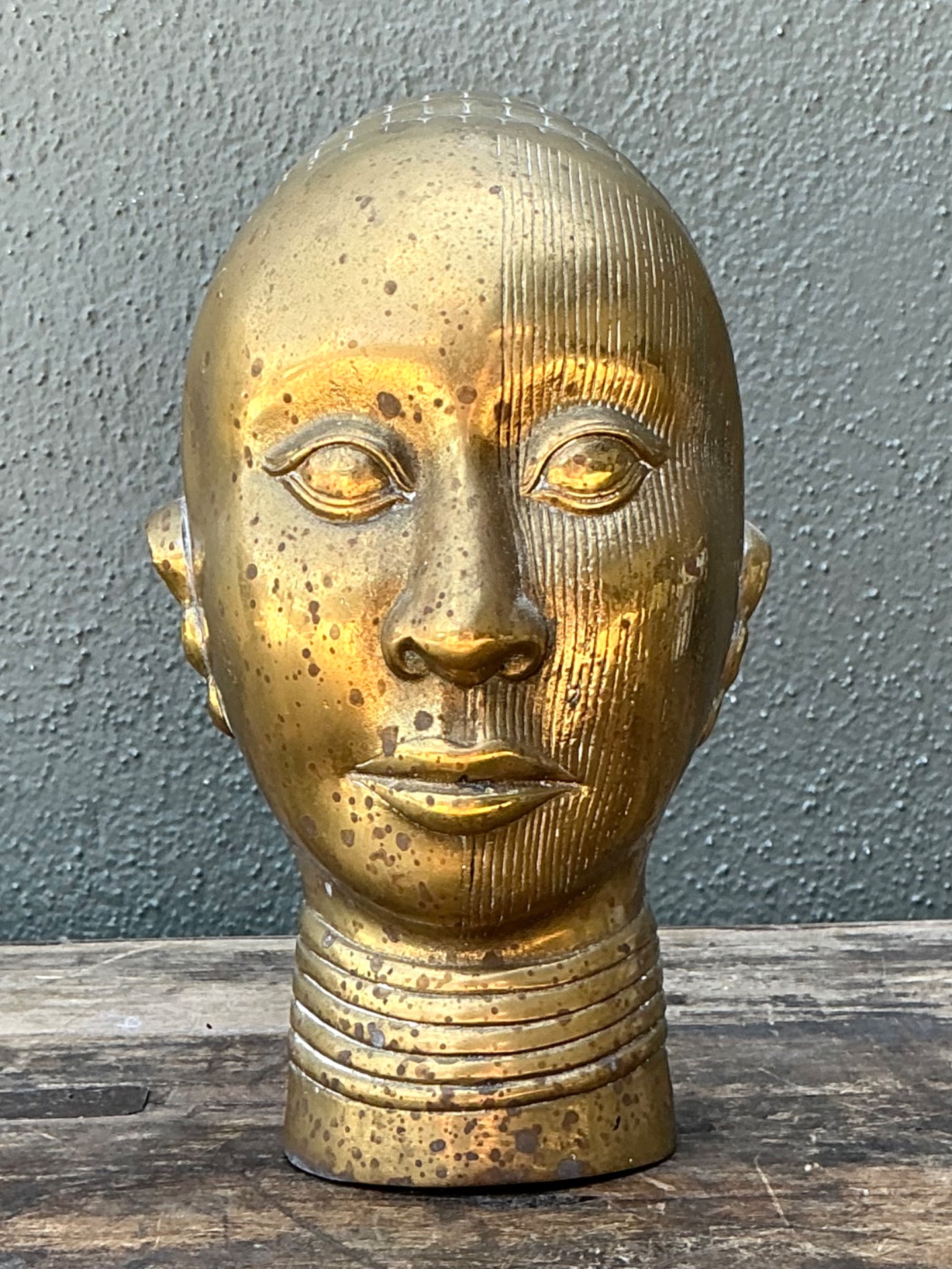 Vintage Brass Tribal Head Sculpture - Side view
